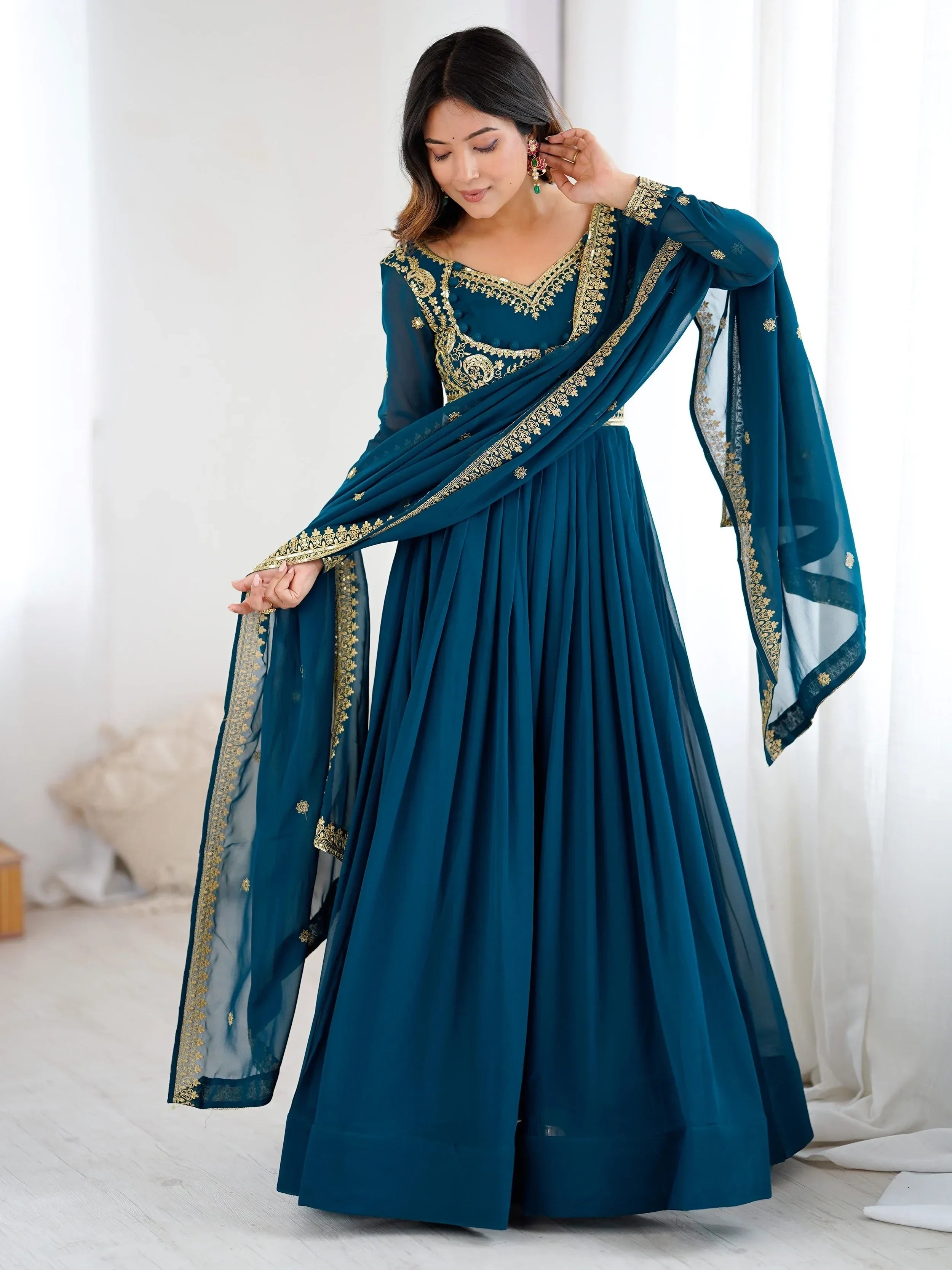 Blue Beautiful Dori Work Georgette Festival Wear Gown With Dupatta