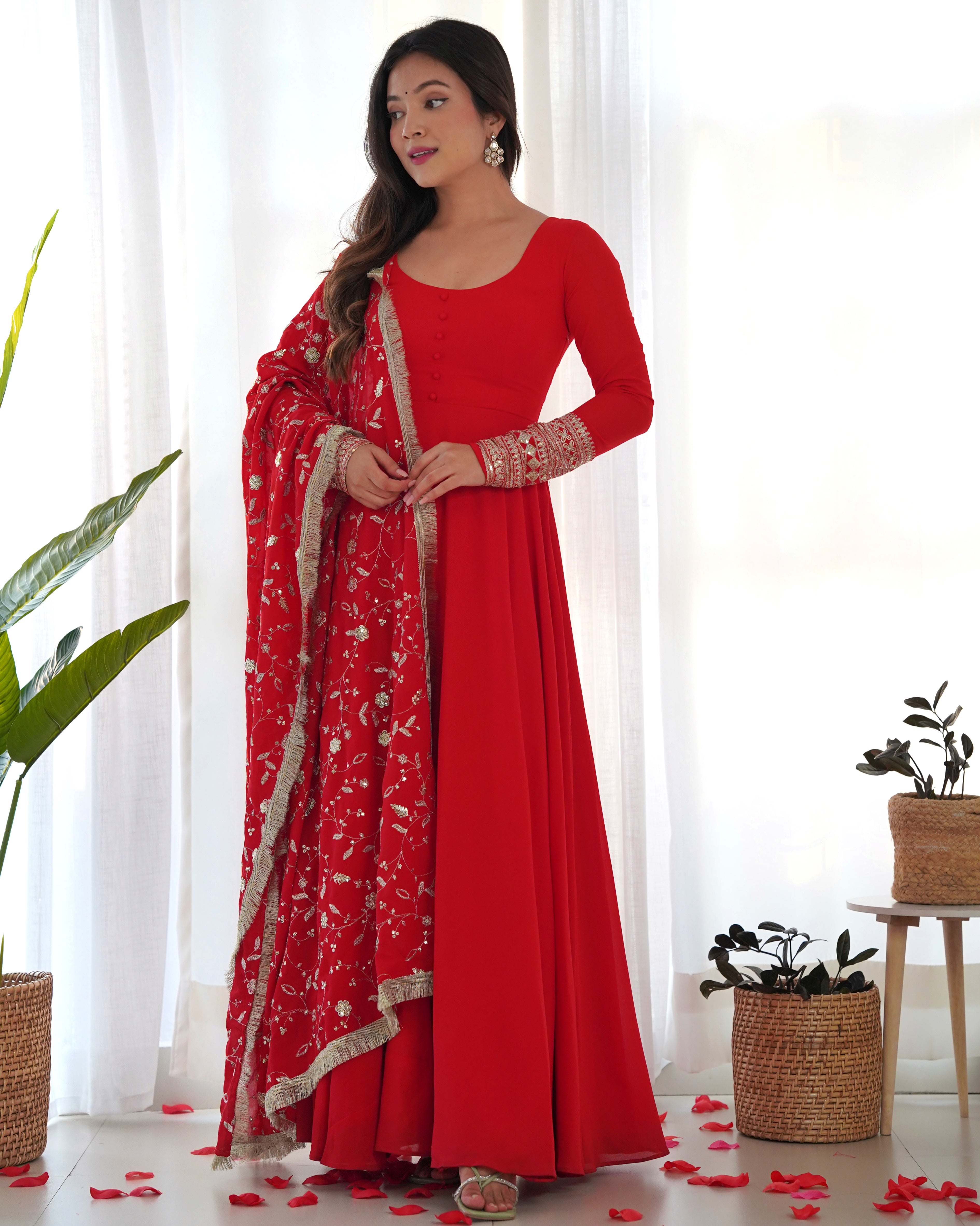 Red Pure Soft Georgette Anarkali Suit Set with Huge Flair & Dupatta for Festivals