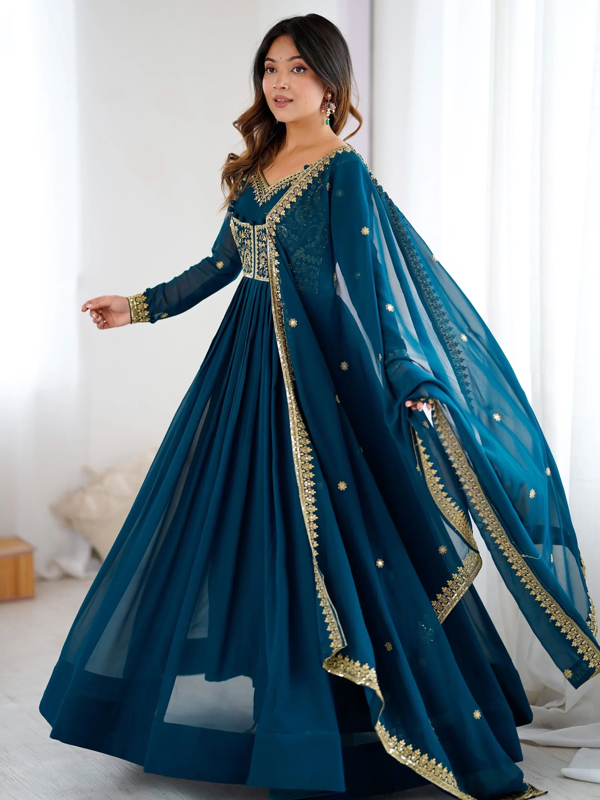 Blue Beautiful Dori Work Georgette Festival Wear Gown With Dupatta