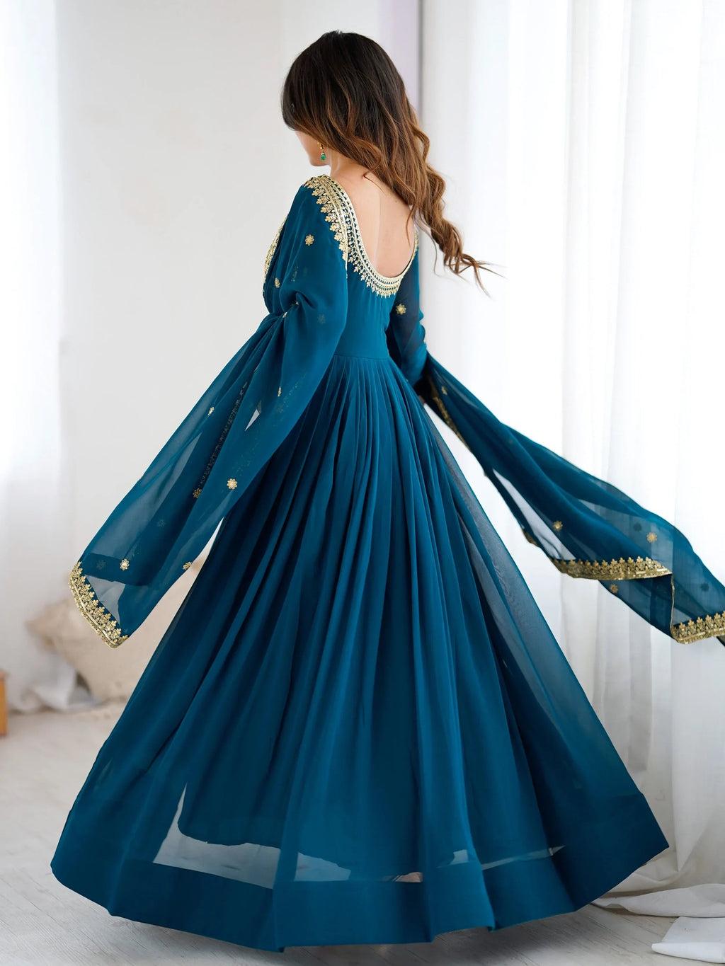 Blue Beautiful Dori Work Georgette Festival Wear Gown With Dupatta