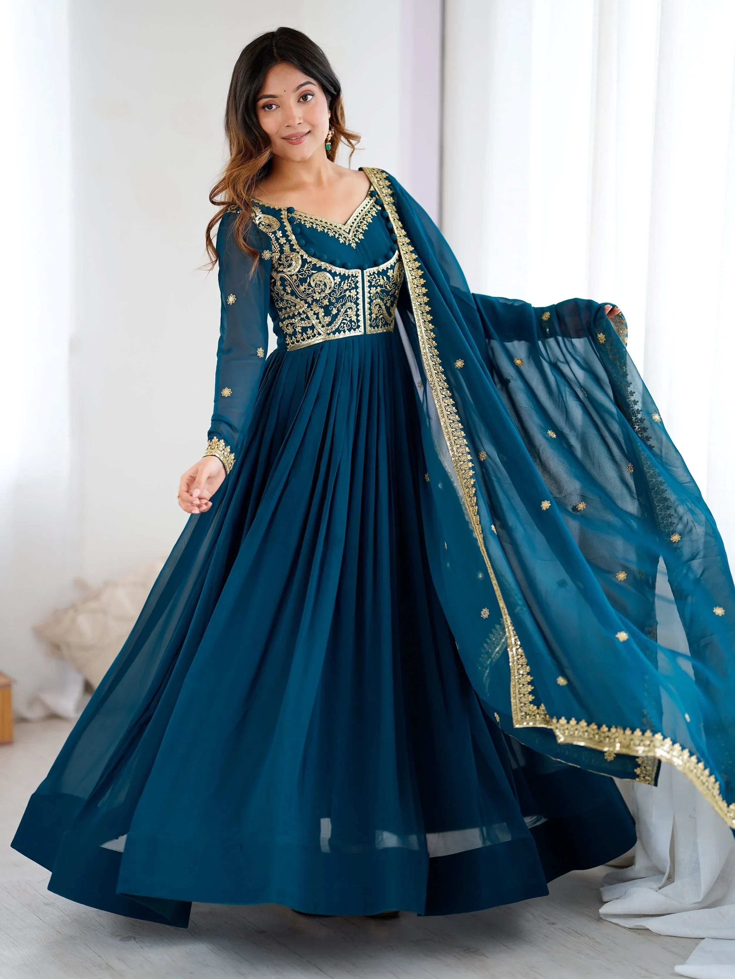 Blue Beautiful Dori Work Georgette Festival Wear Gown With Dupatta