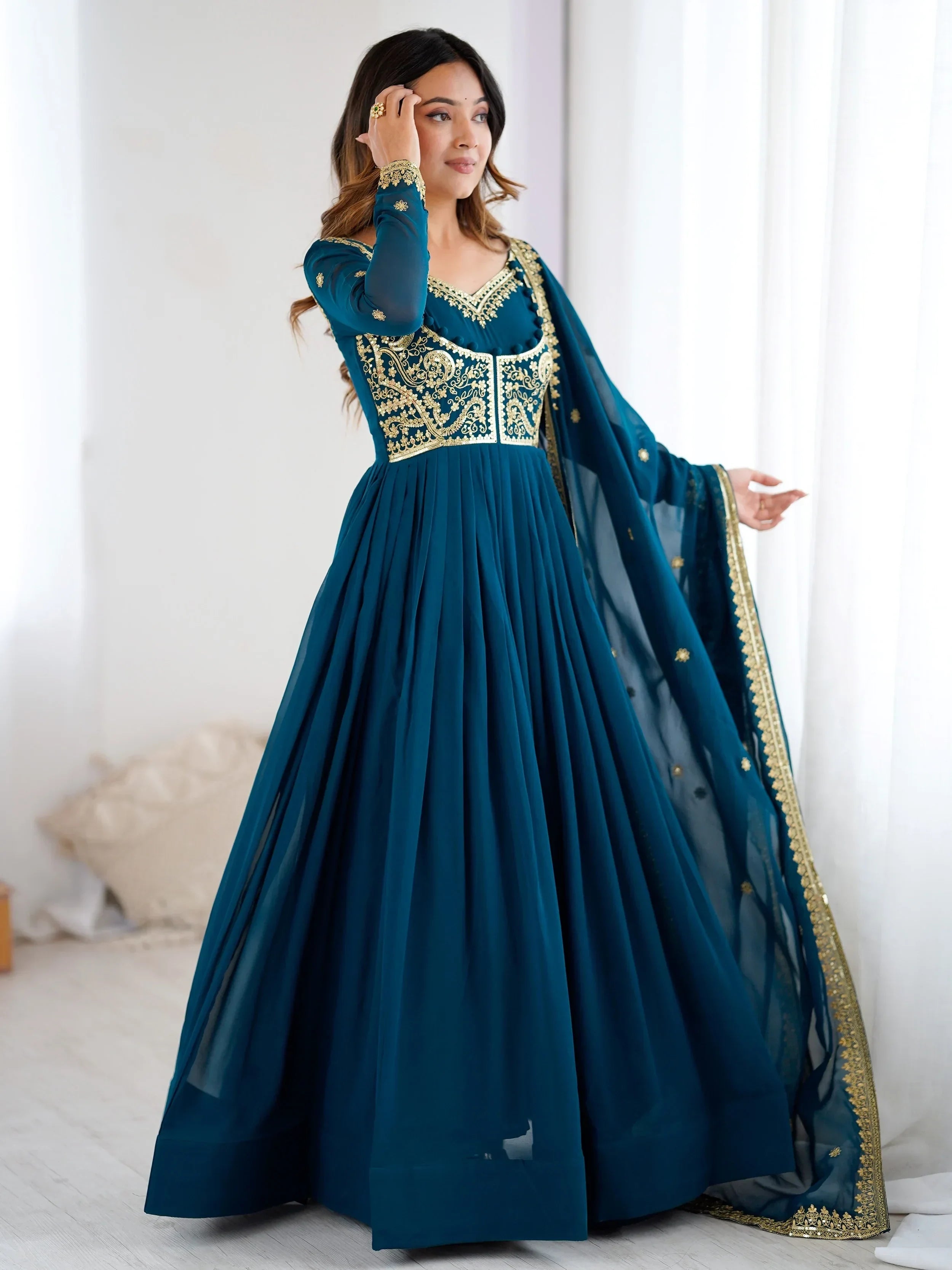 Blue Beautiful Dori Work Georgette Festival Wear Gown With Dupatta