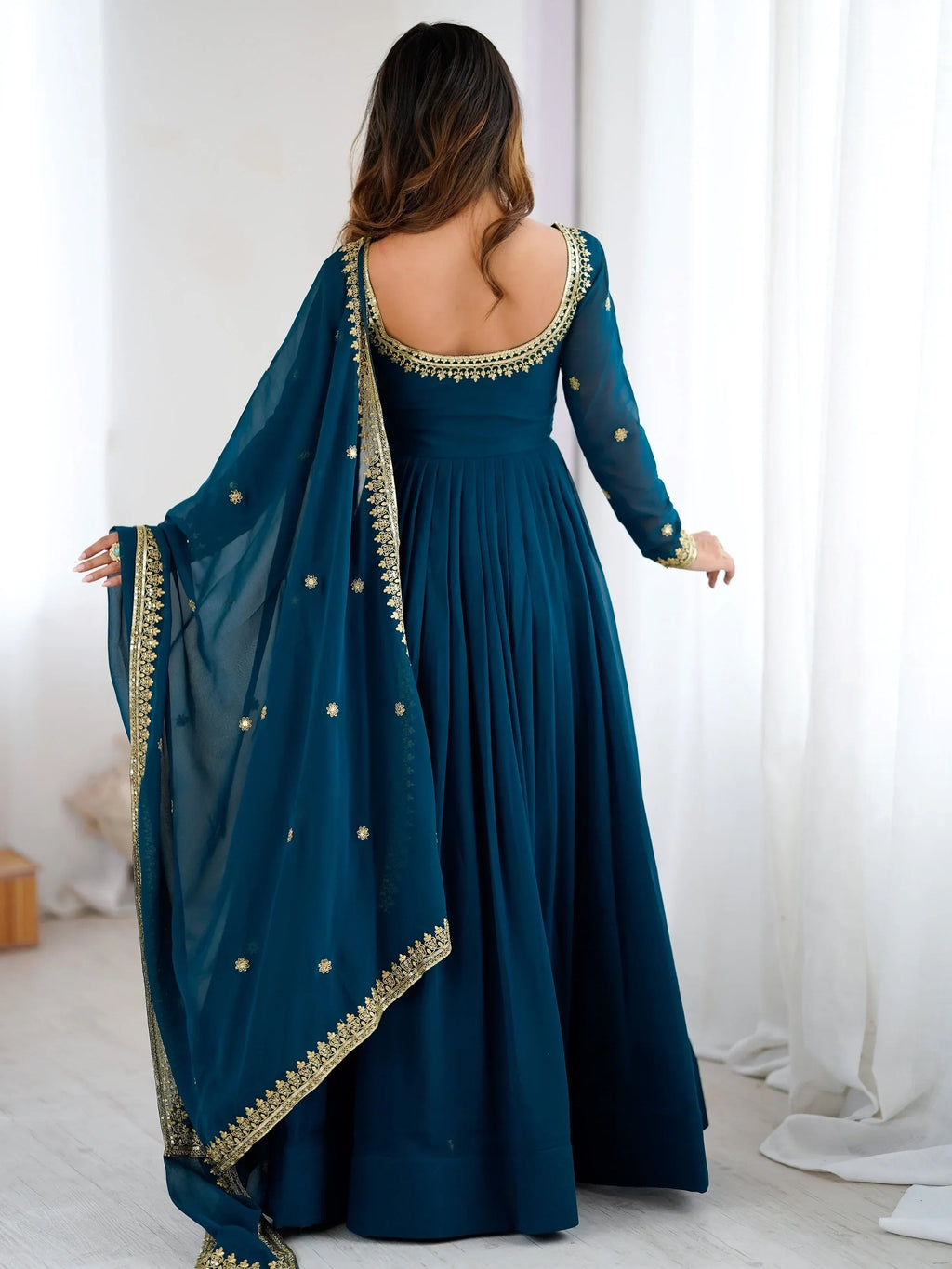 Blue Beautiful Dori Work Georgette Festival Wear Gown With Dupatta