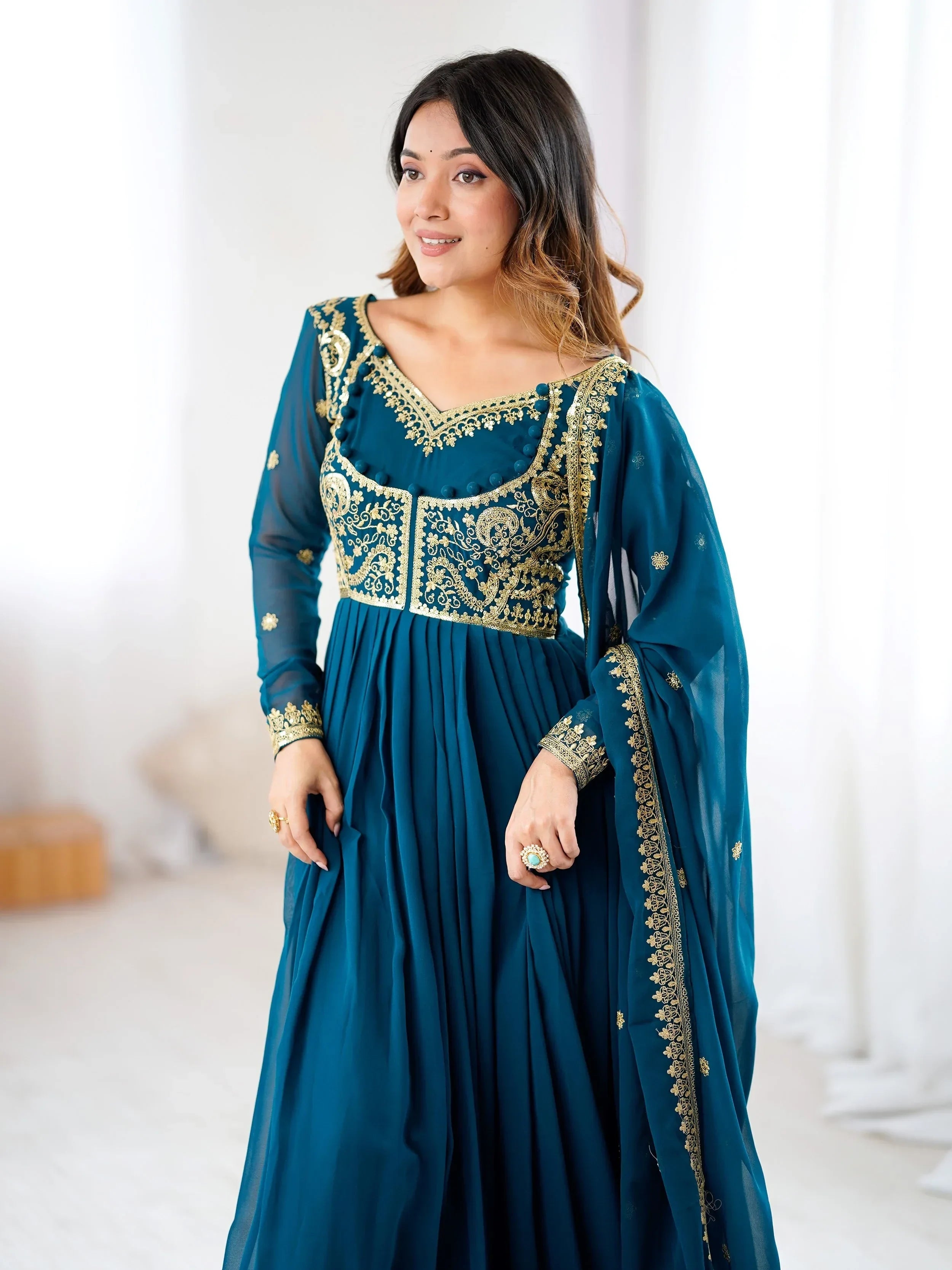 Blue Beautiful Dori Work Georgette Festival Wear Gown With Dupatta