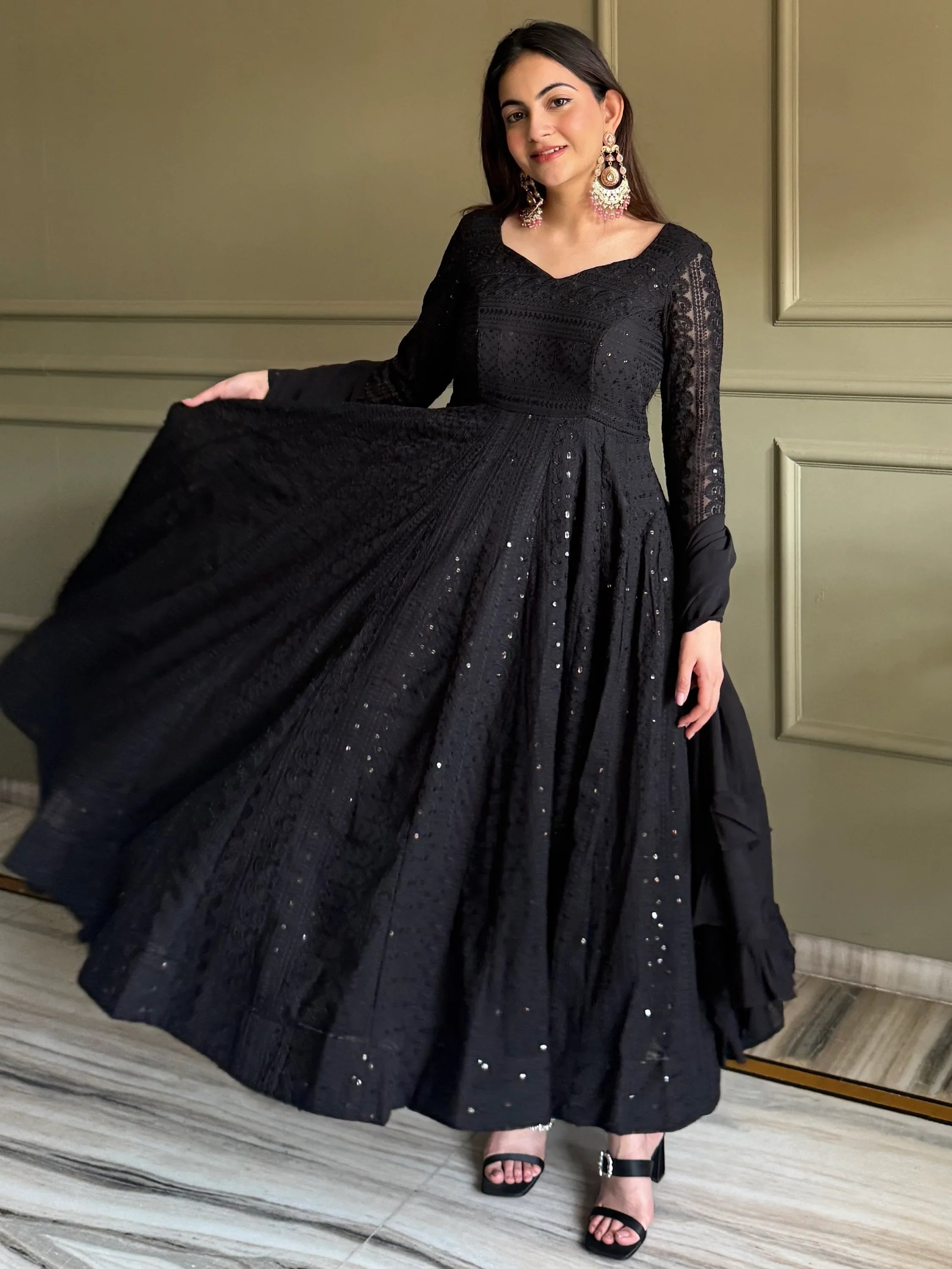 Black Amazeballs Thread Work Georgette Wedding Wear Anarkali Pant Suit