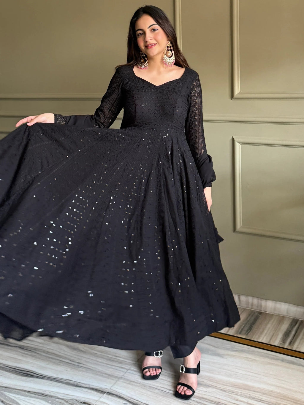 Black Amazeballs Thread Work Georgette Wedding Wear Anarkali Pant Suit