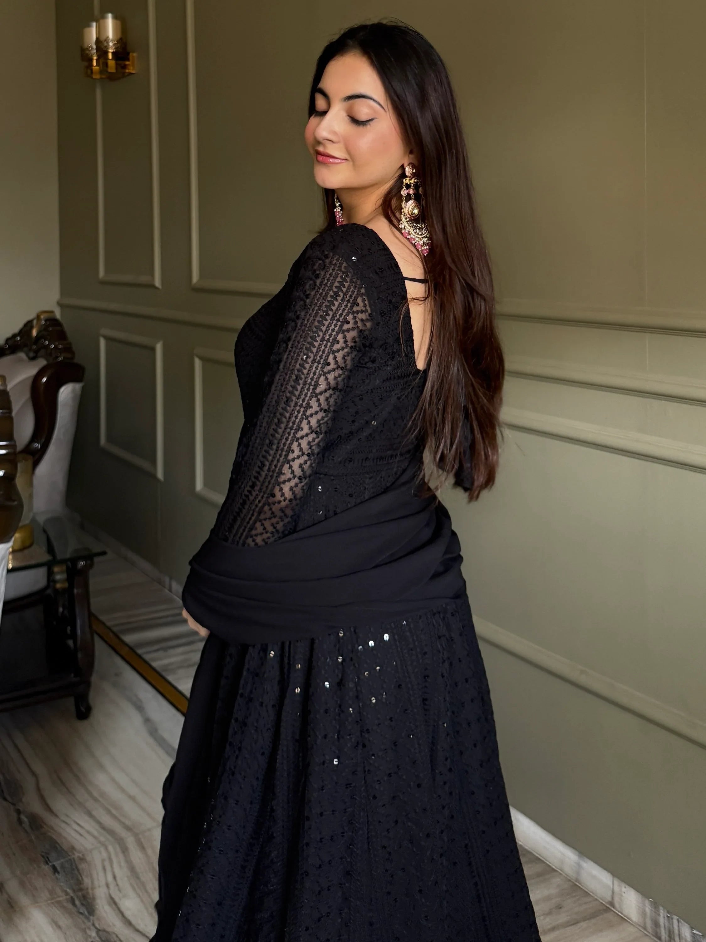 Black Amazeballs Thread Work Georgette Wedding Wear Anarkali Pant Suit