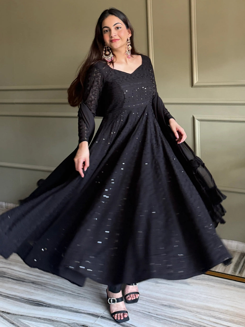 Black Amazeballs Thread Work Georgette Wedding Wear Anarkali Pant Suit