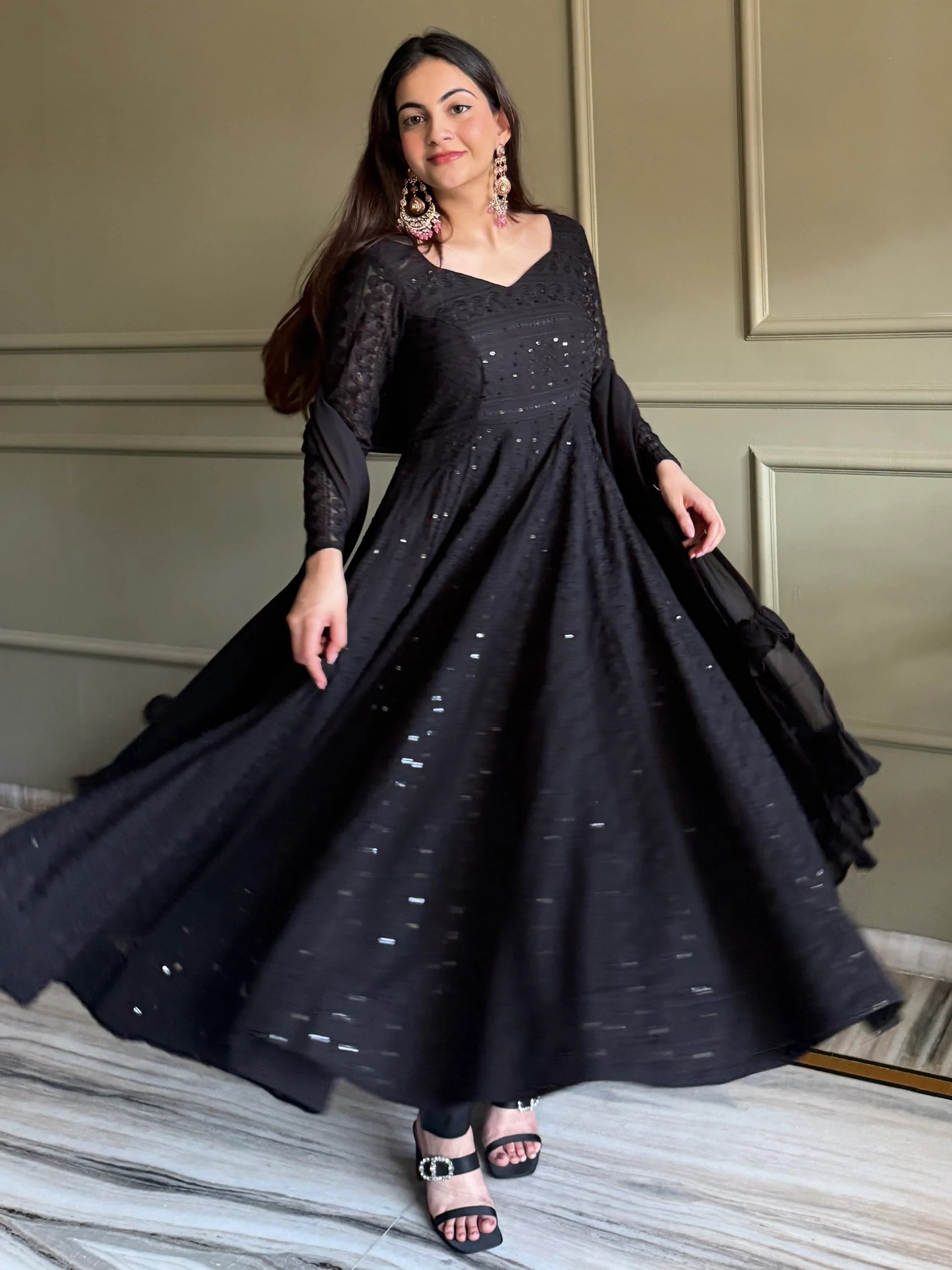Black Amazeballs Thread Work Georgette Wedding Wear Anarkali Pant Suit