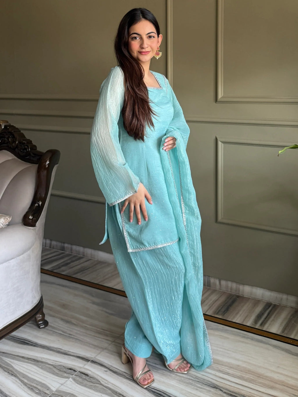 Sky Blue Delightful Lace Border Silk Designer Salwar Suit
