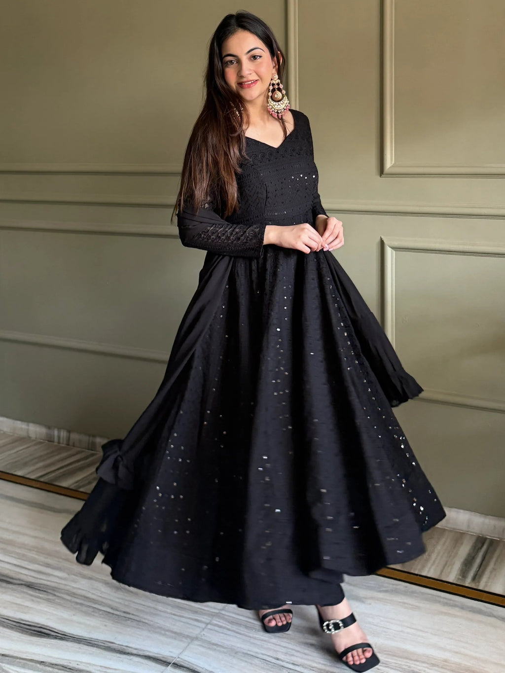 Black Amazeballs Thread Work Georgette Wedding Wear Anarkali Pant Suit