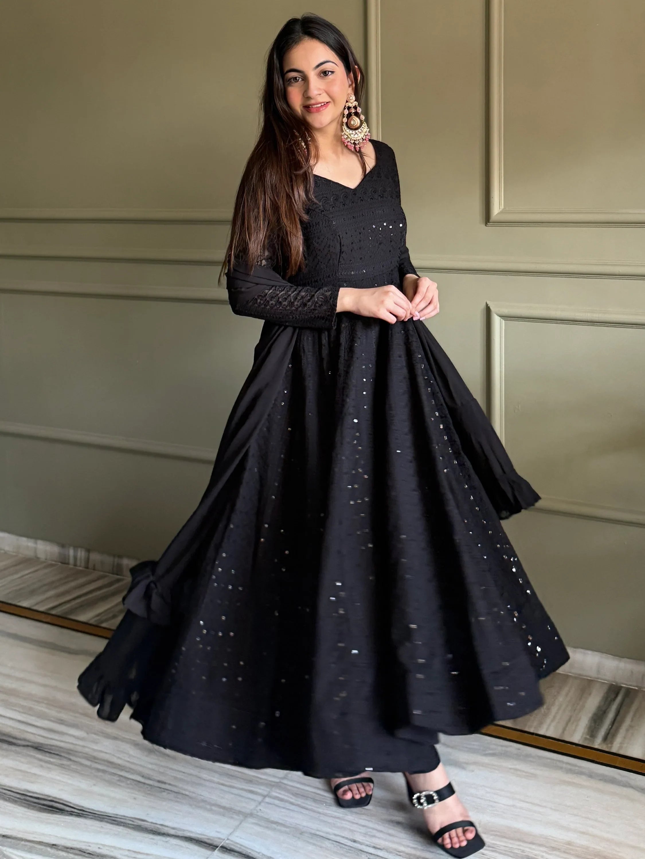 Black Amazeballs Thread Work Georgette Wedding Wear Anarkali Pant Suit