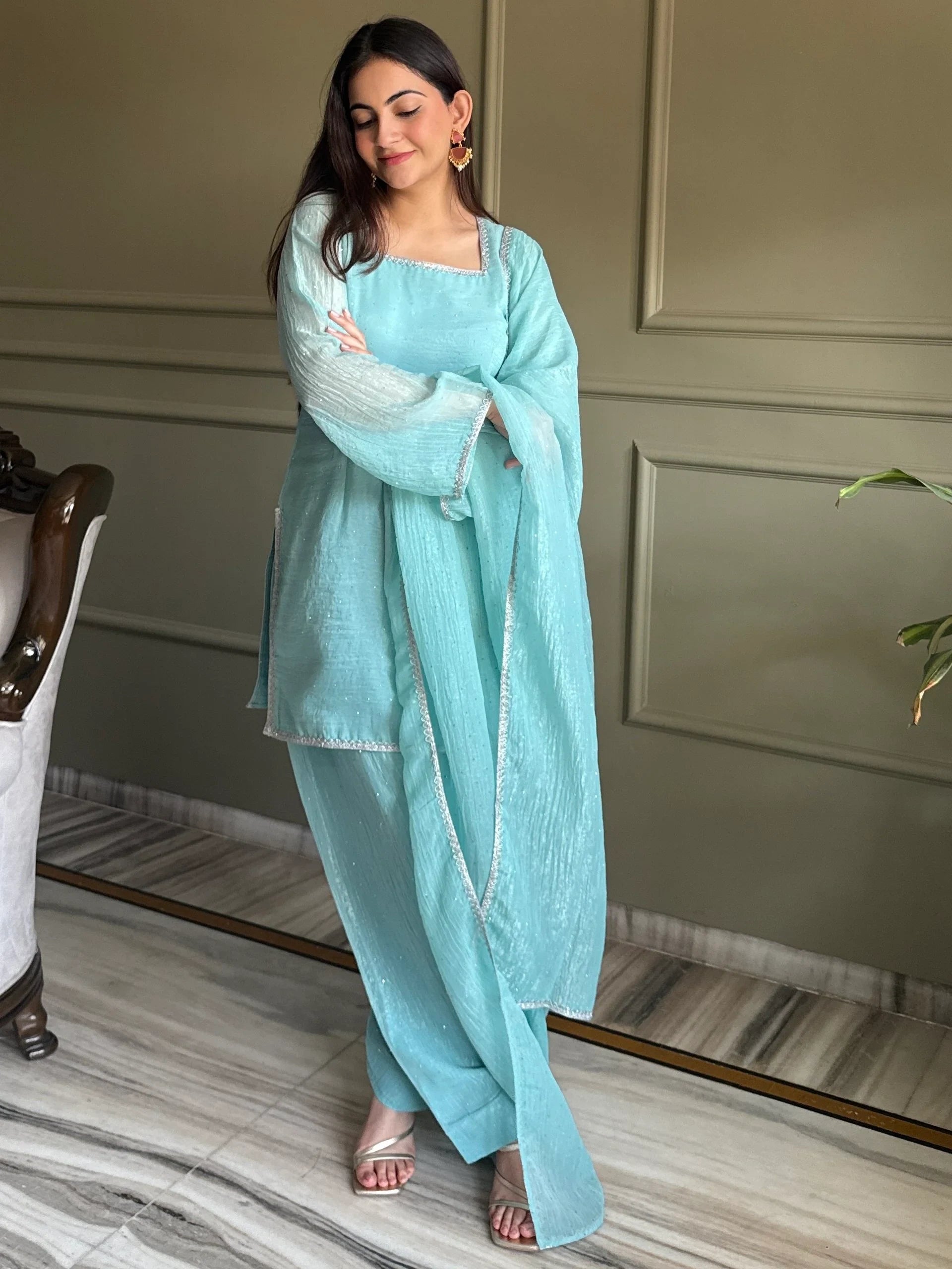 Sky Blue Delightful Lace Border Silk Designer Salwar Suit