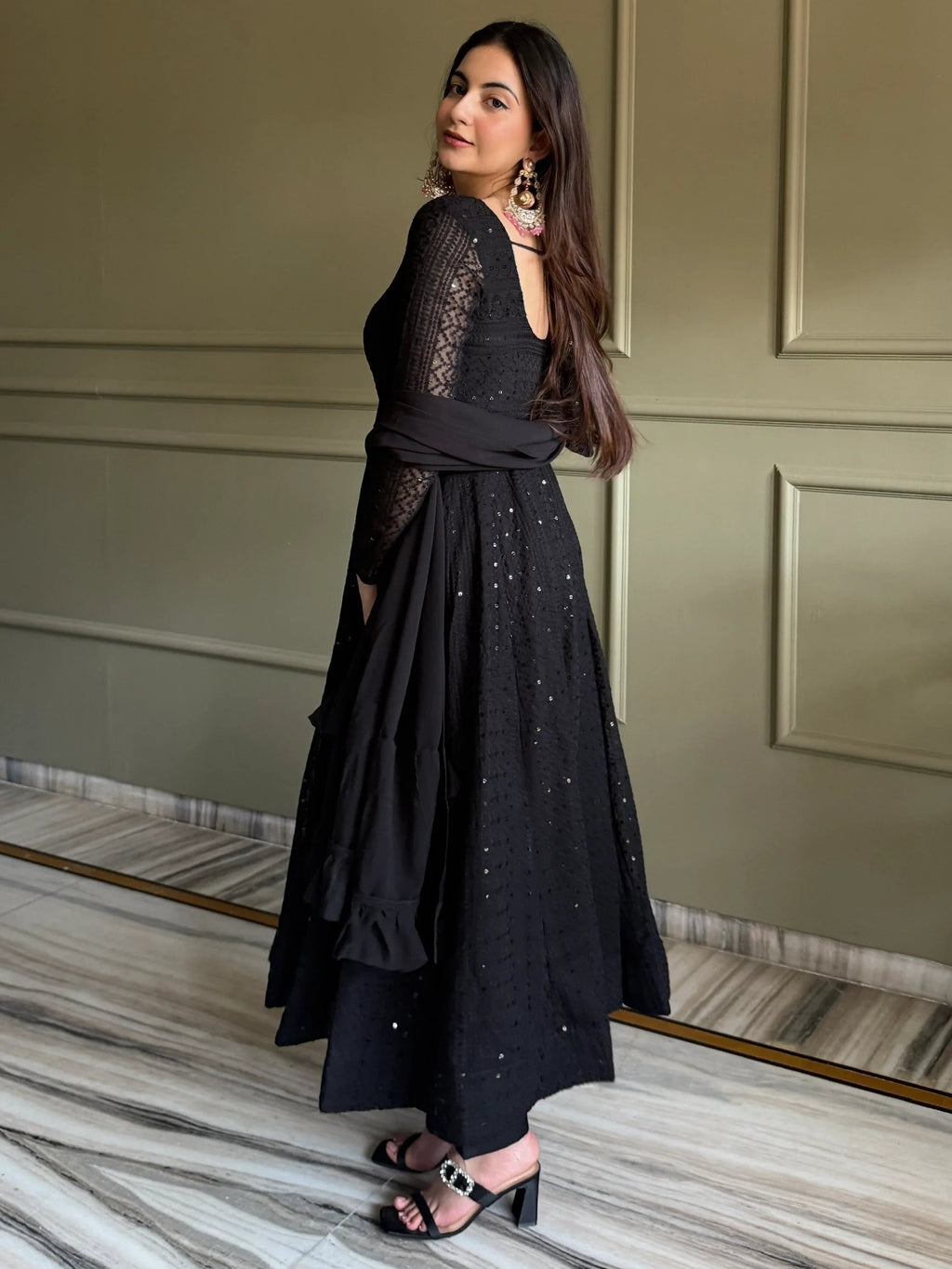 Black Amazeballs Thread Work Georgette Wedding Wear Anarkali Pant Suit