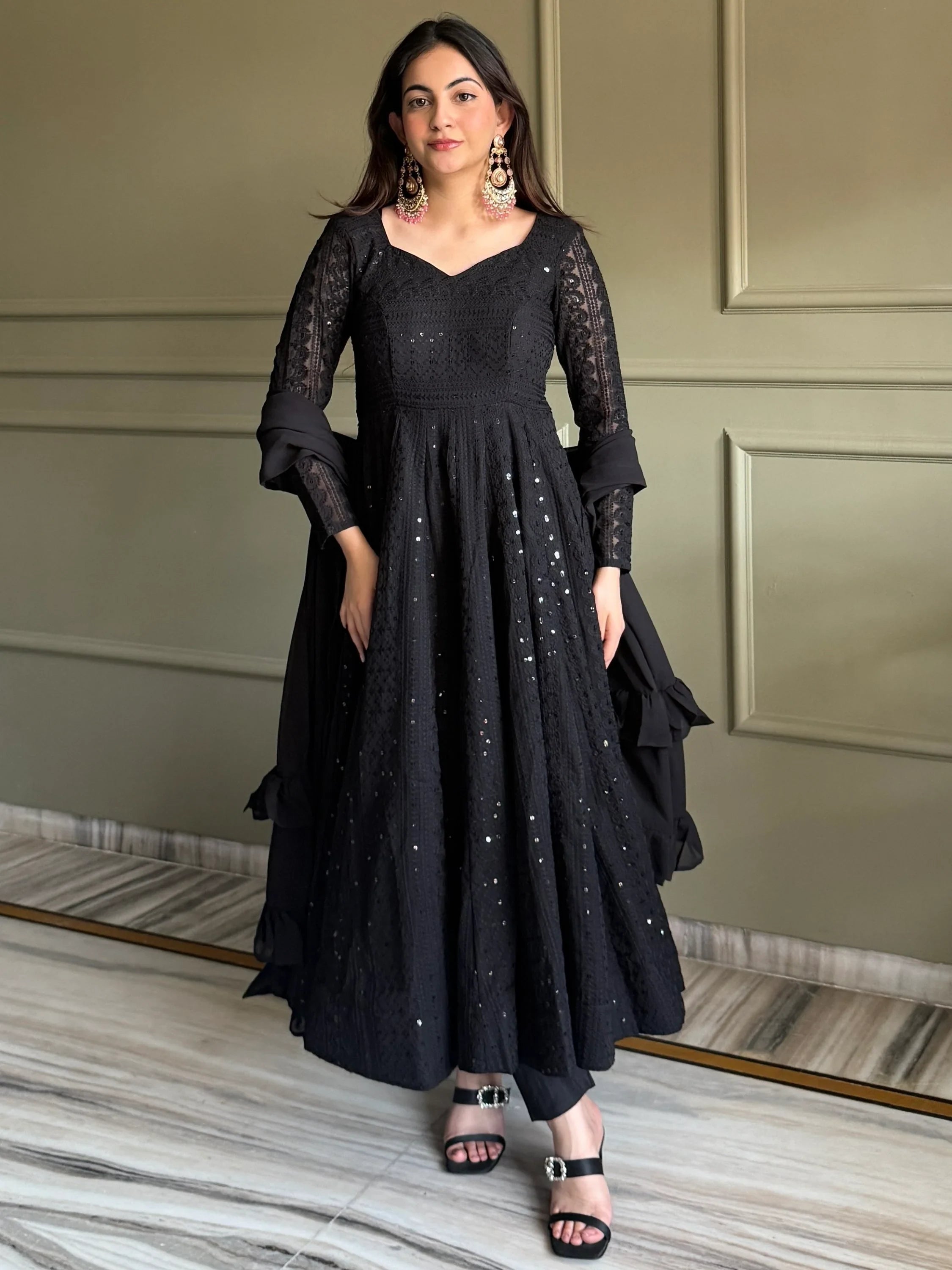 Black Amazeballs Thread Work Georgette Wedding Wear Anarkali Pant Suit
