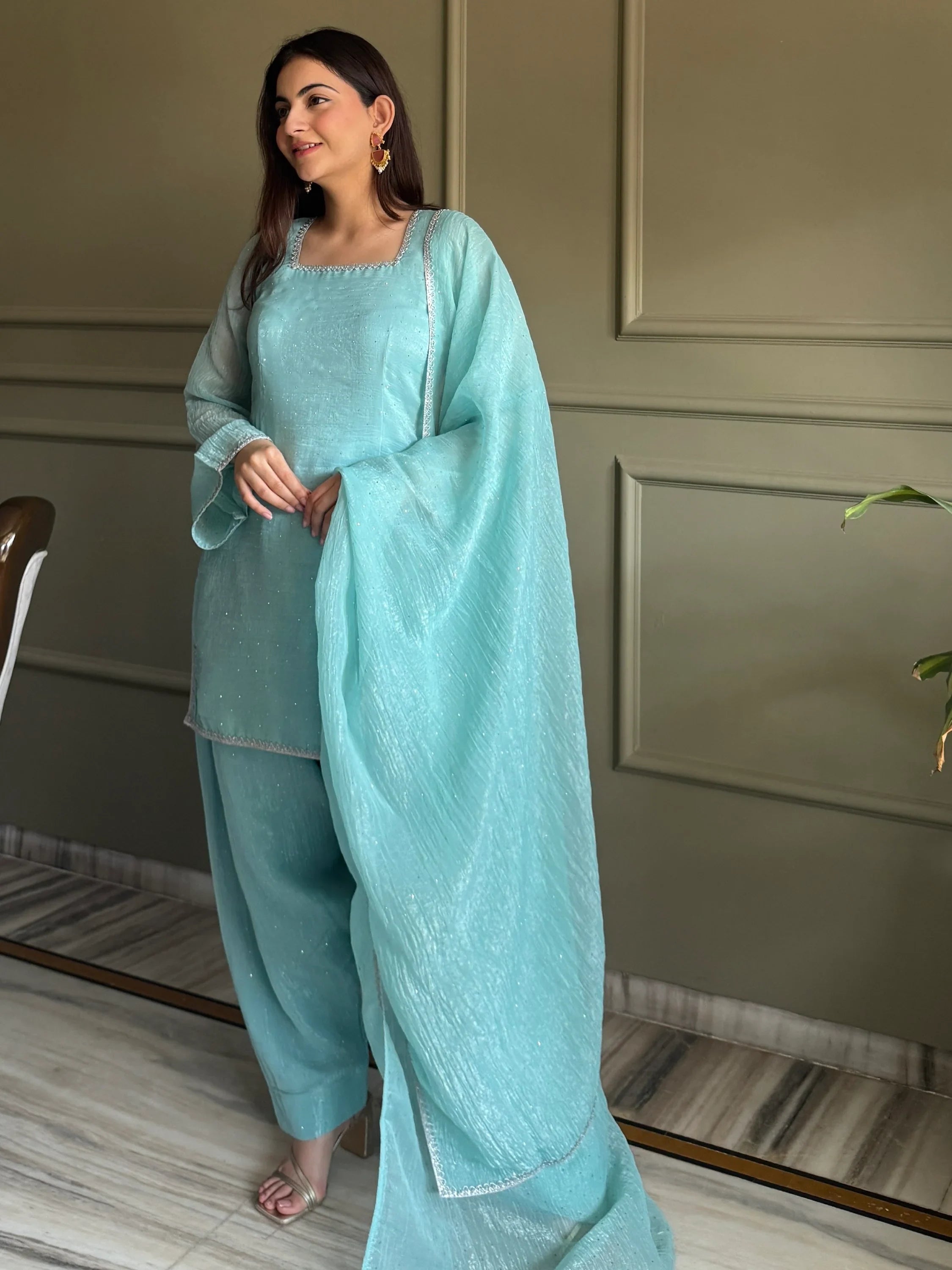 Sky Blue Delightful Lace Border Silk Designer Salwar Suit