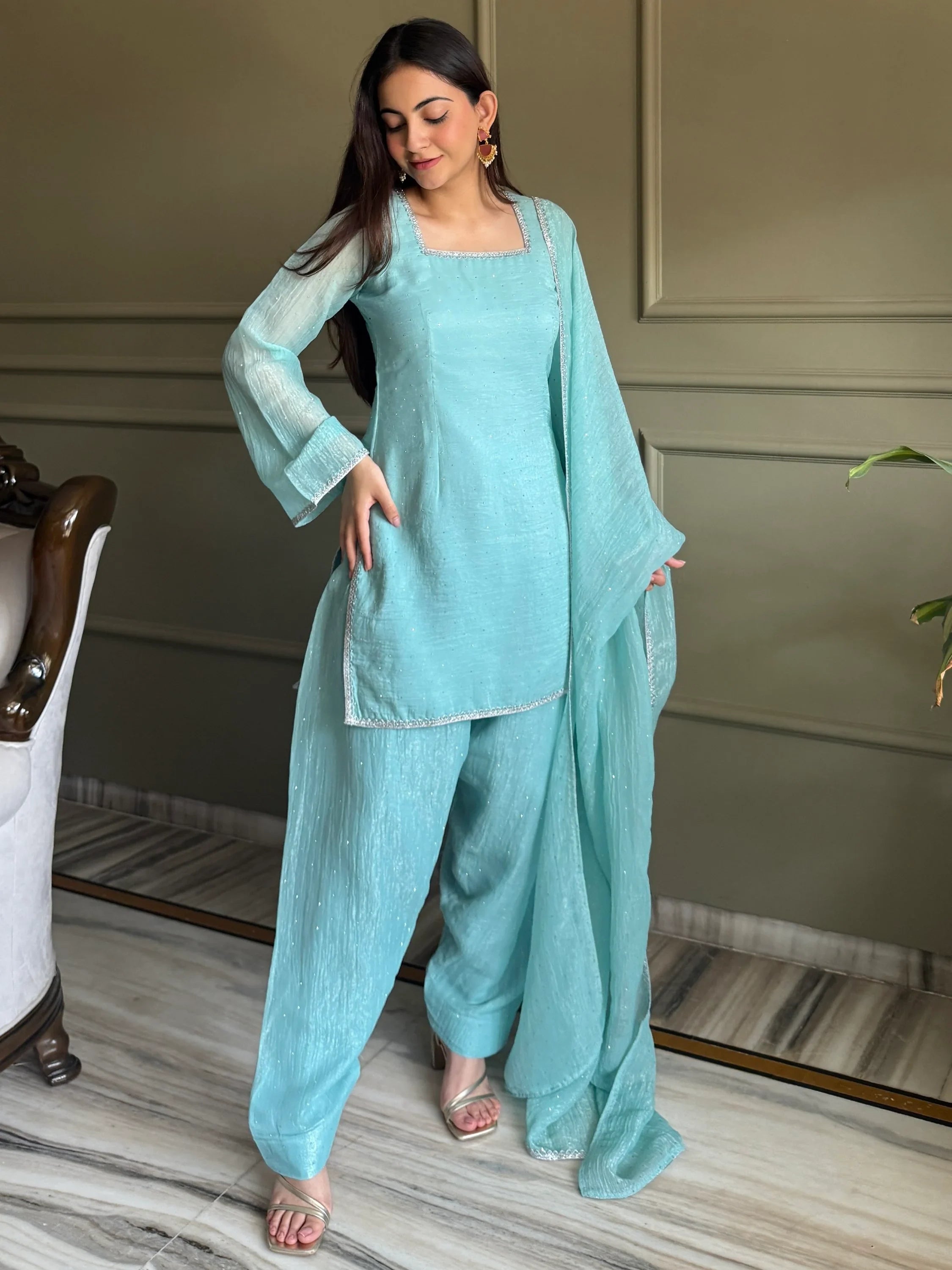 Sky Blue Delightful Lace Border Silk Designer Salwar Suit