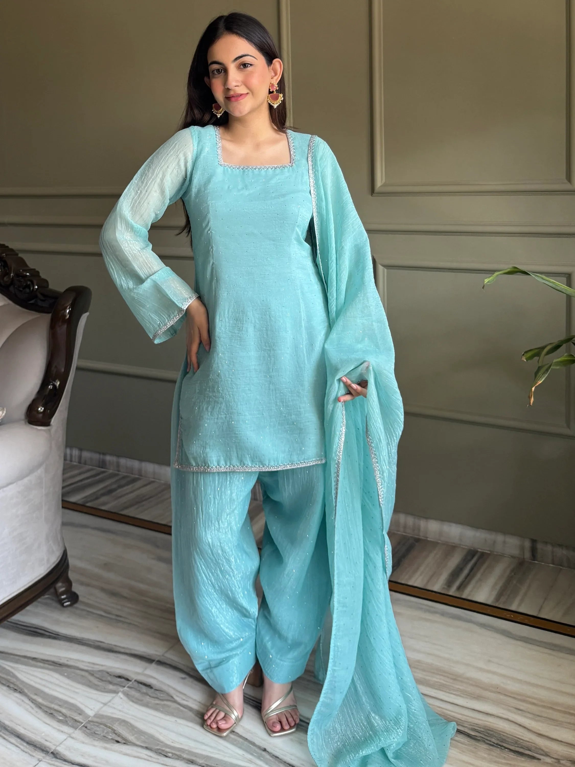 Sky Blue Delightful Lace Border Silk Designer Salwar Suit
