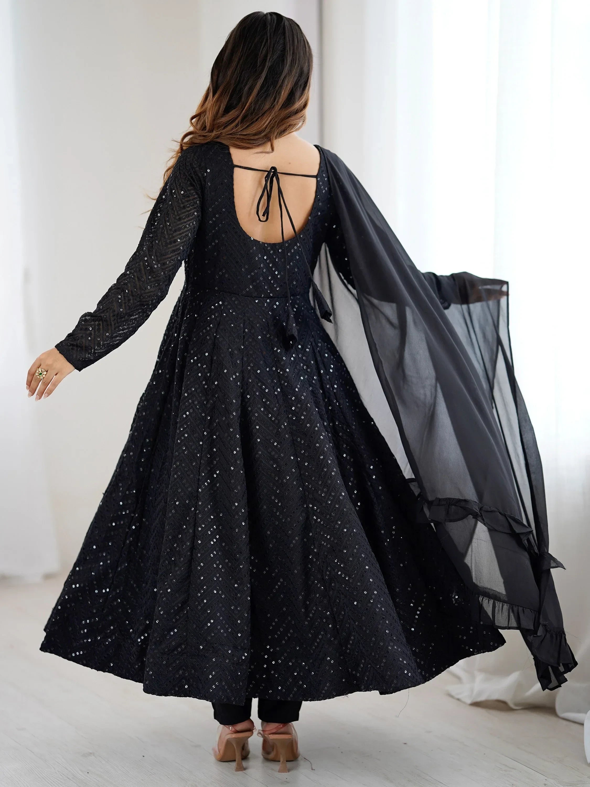 Black Incredible Lucknawi Work Georgette Anarkali Suit With Ruffle Dupatta