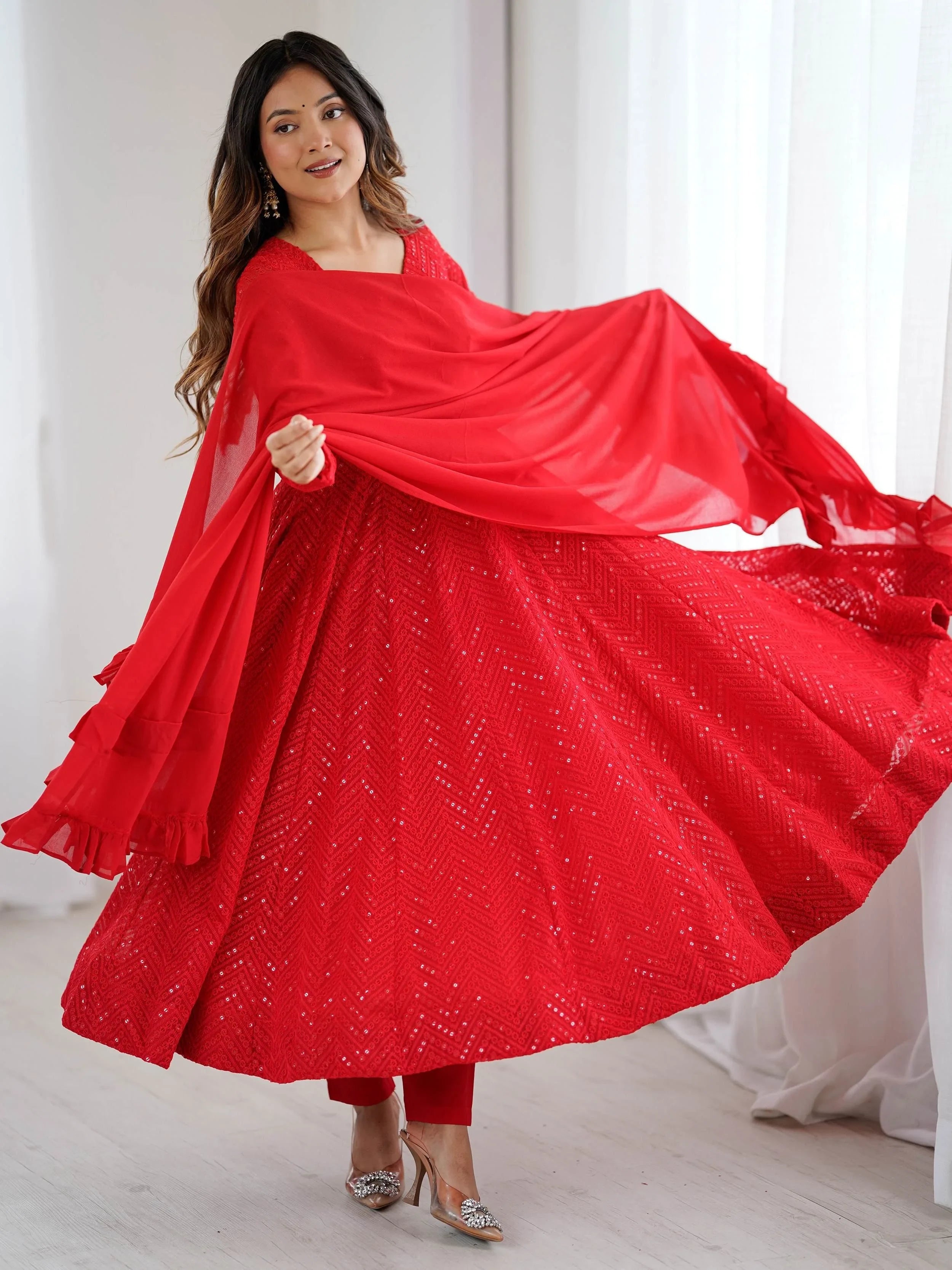 Red Incredible Lucknawi Work Georgette Anarkali Suit With Ruffle Dupatta