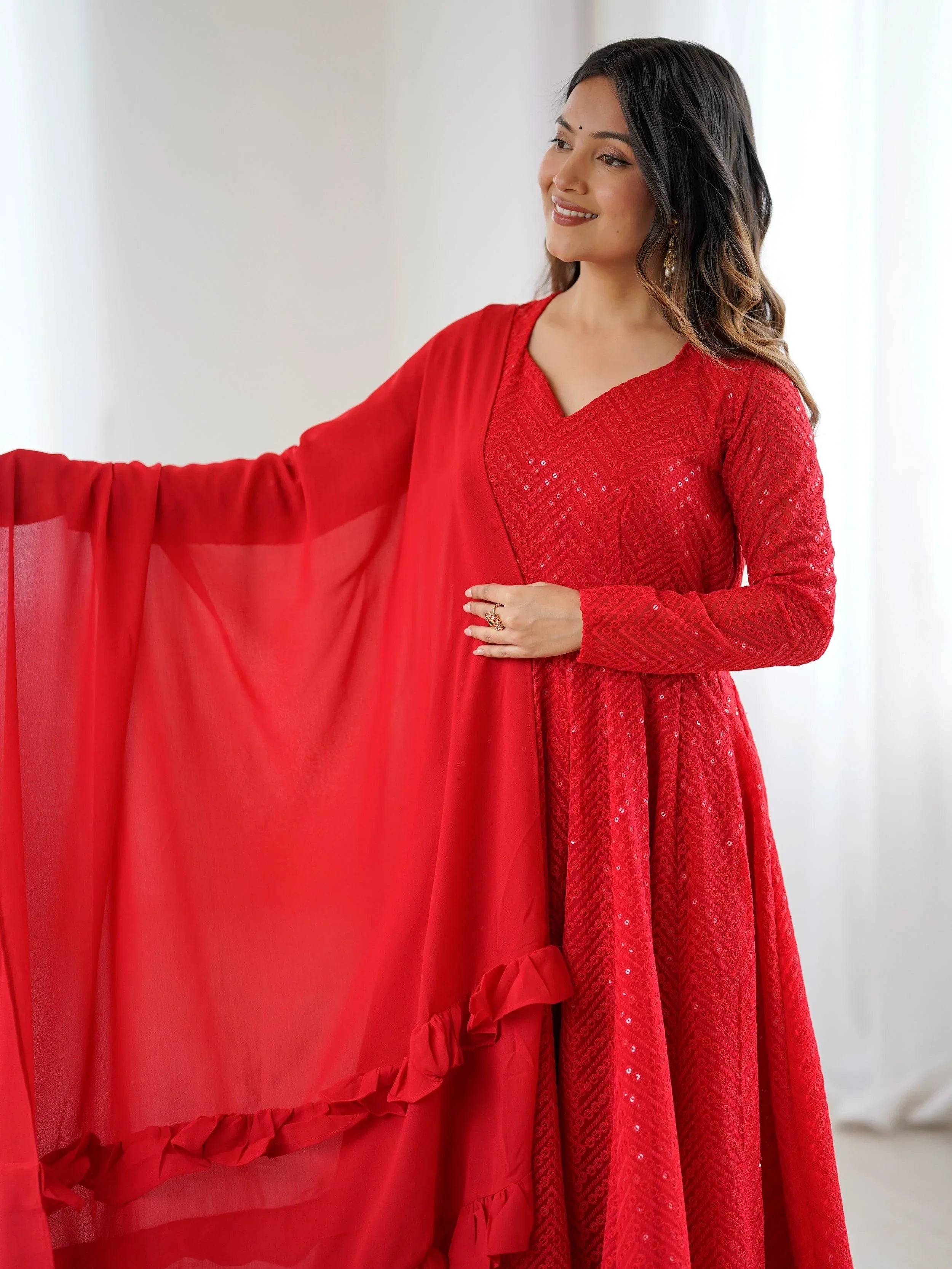 Red Incredible Lucknawi Work Georgette Anarkali Suit With Ruffle Dupatta