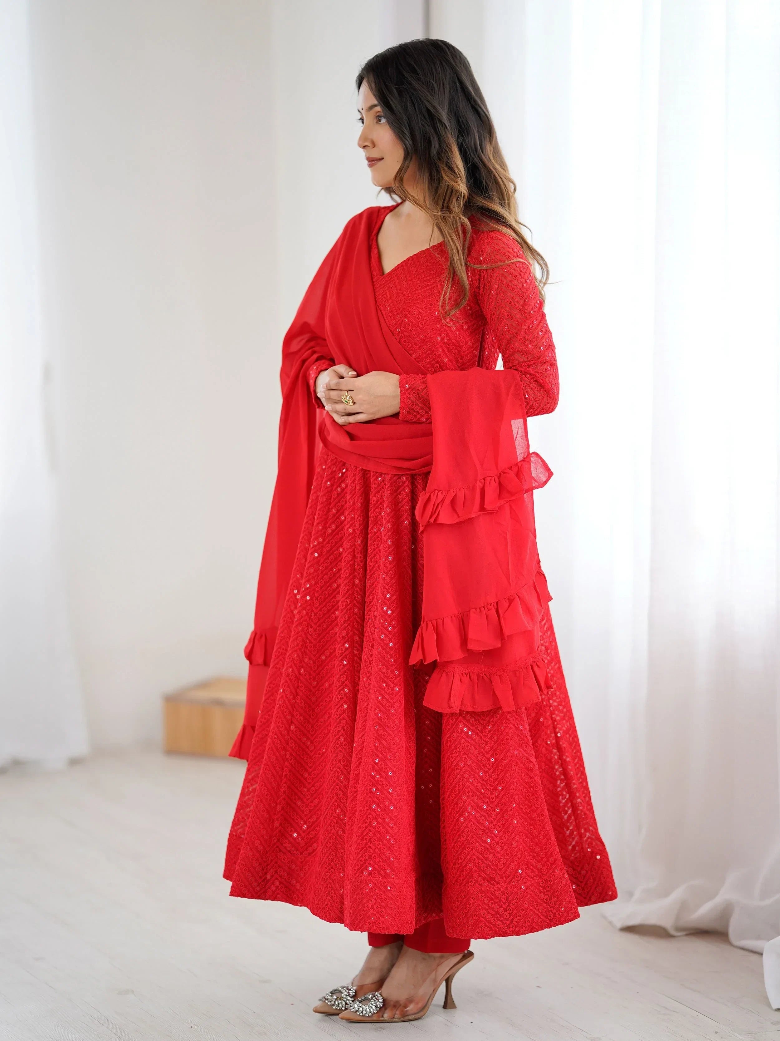 Red Incredible Lucknawi Work Georgette Anarkali Suit With Ruffle Dupatta