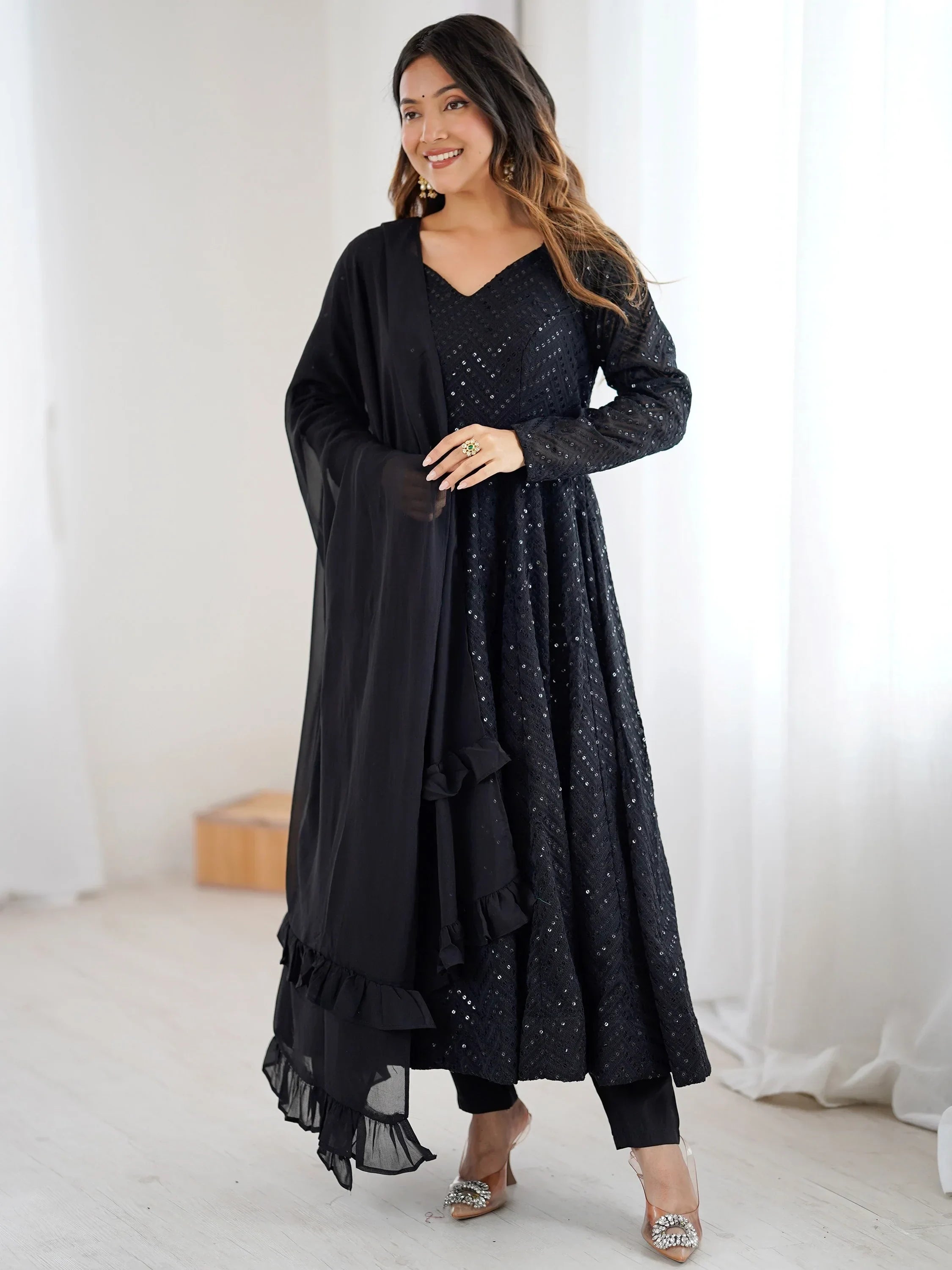Black Incredible Lucknawi Work Georgette Anarkali Suit With Ruffle Dupatta