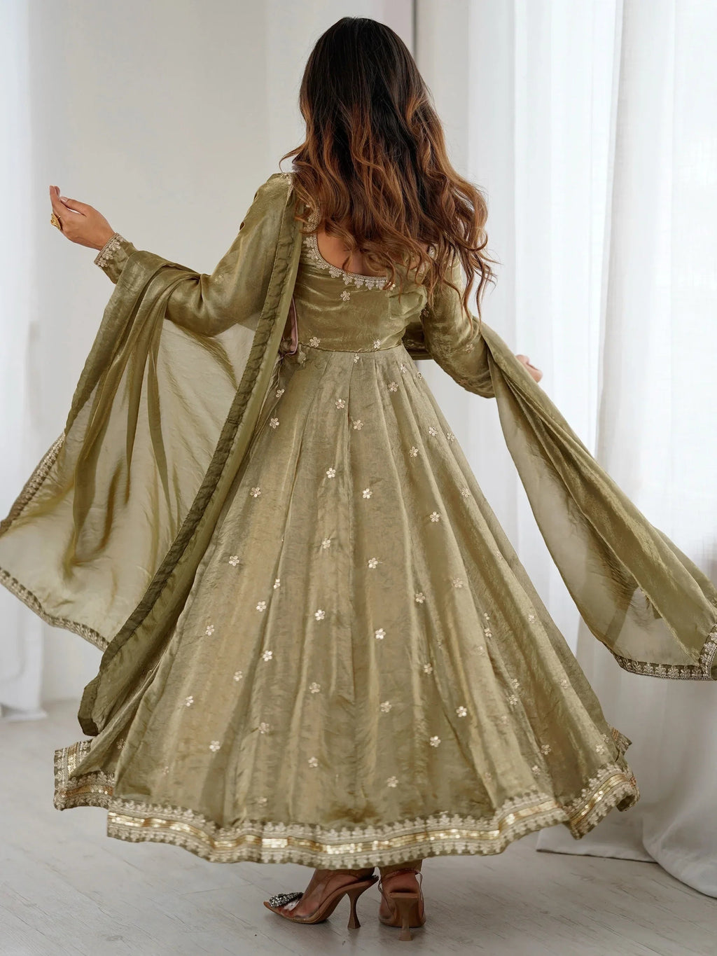 Marvelous Green Sequins Silk Function Wear Gown With Dupatta