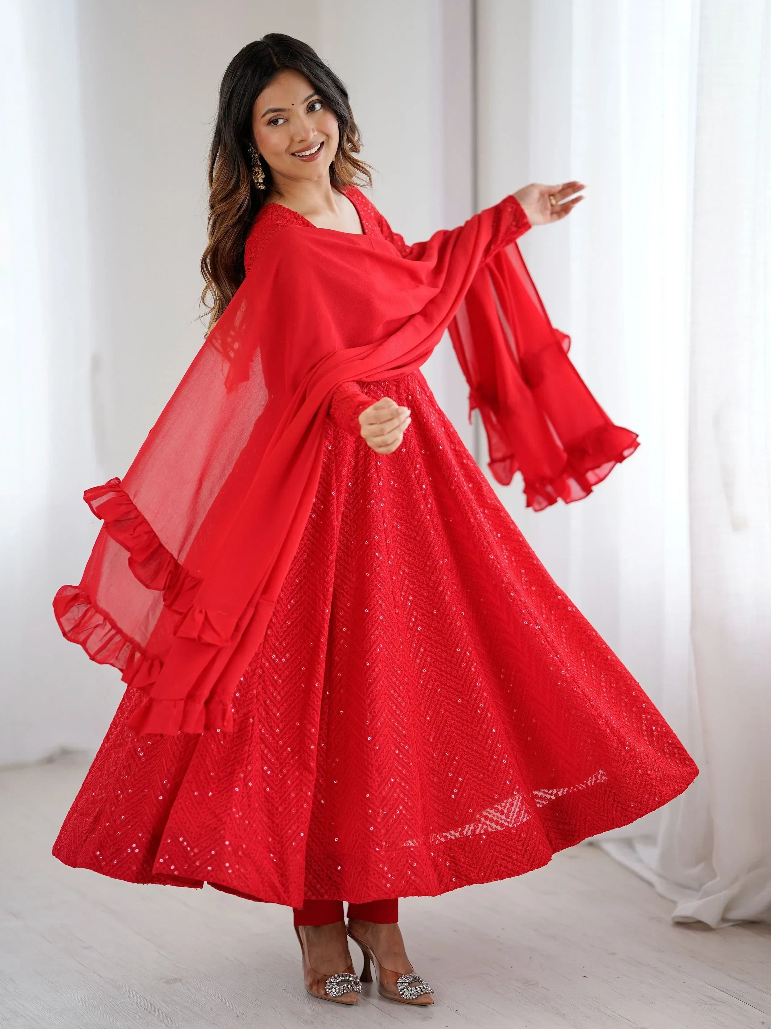 Red Incredible Lucknawi Work Georgette Anarkali Suit With Ruffle Dupatta
