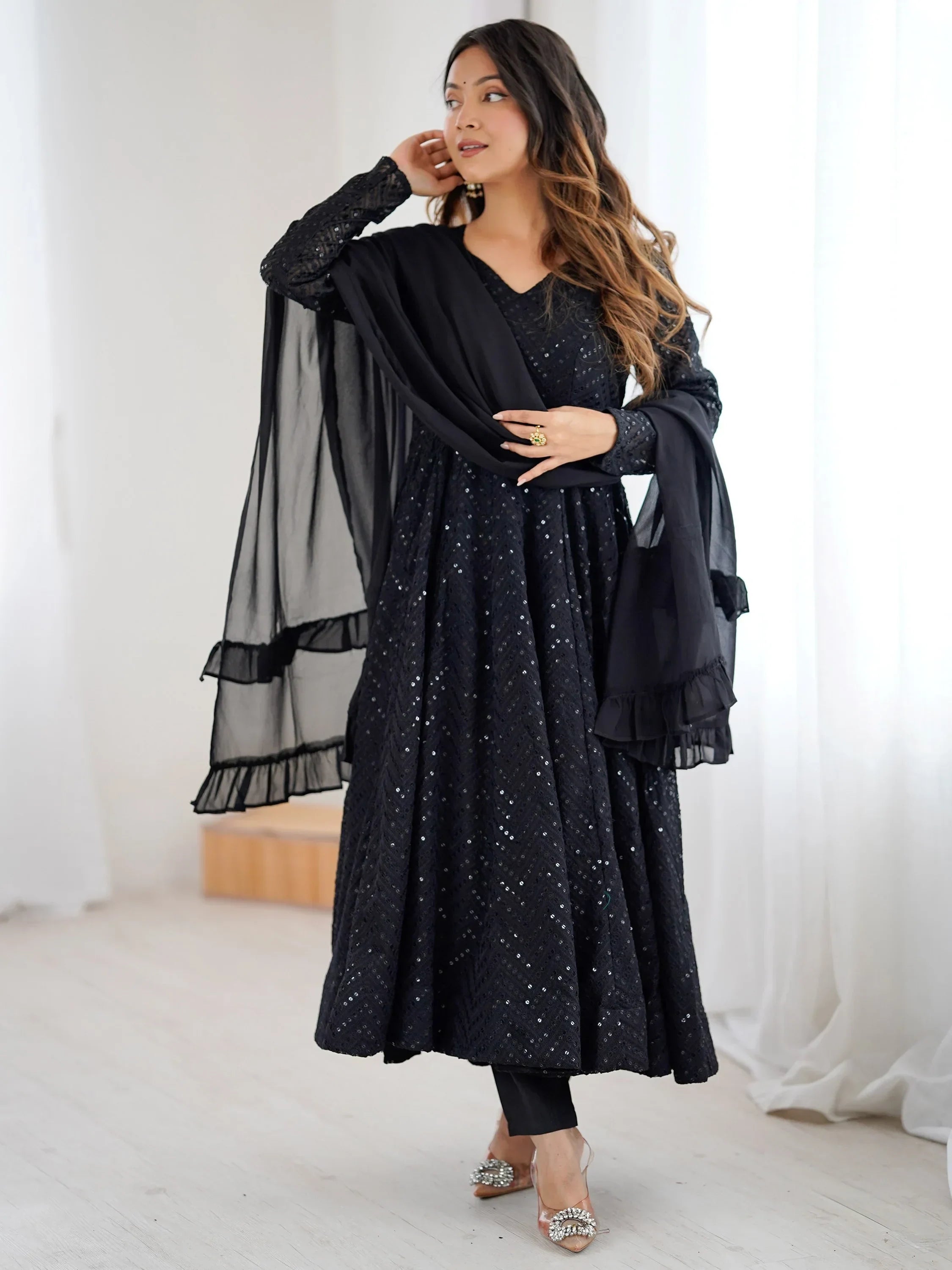 Black Incredible Lucknawi Work Georgette Anarkali Suit With Ruffle Dupatta