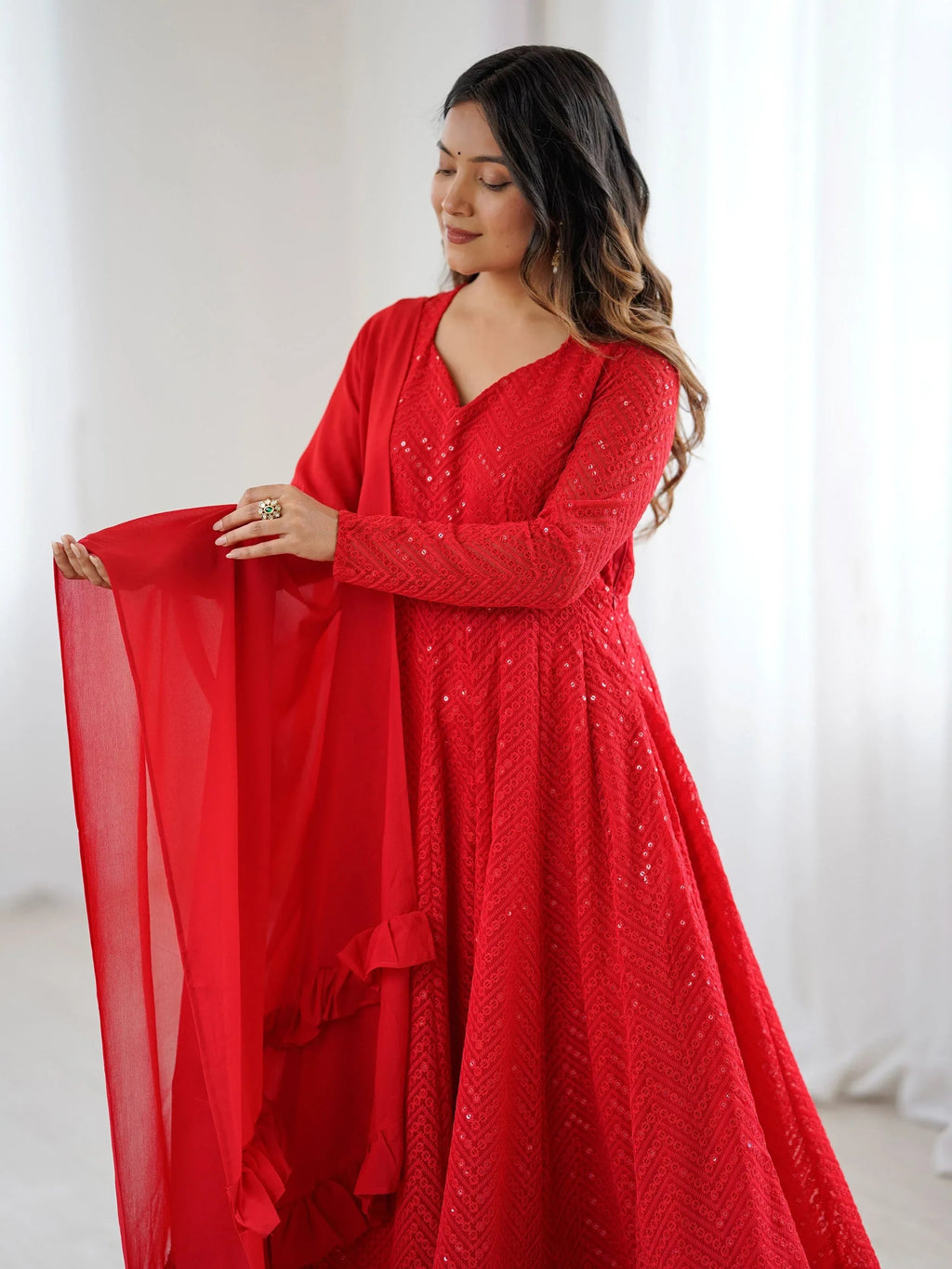 Red Incredible Lucknawi Work Georgette Anarkali Suit With Ruffle Dupatta