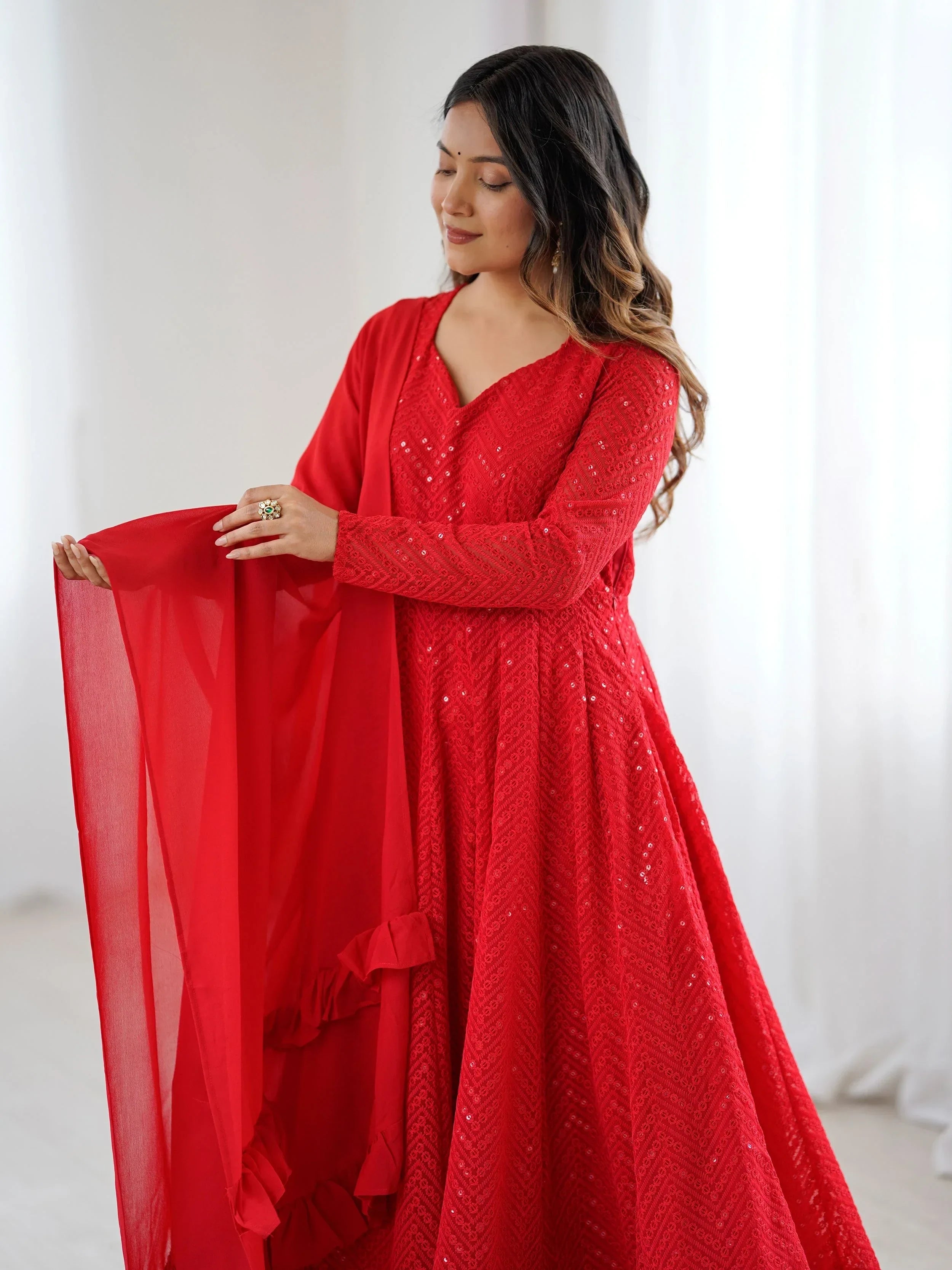 Red Incredible Lucknawi Work Georgette Anarkali Suit With Ruffle Dupatta