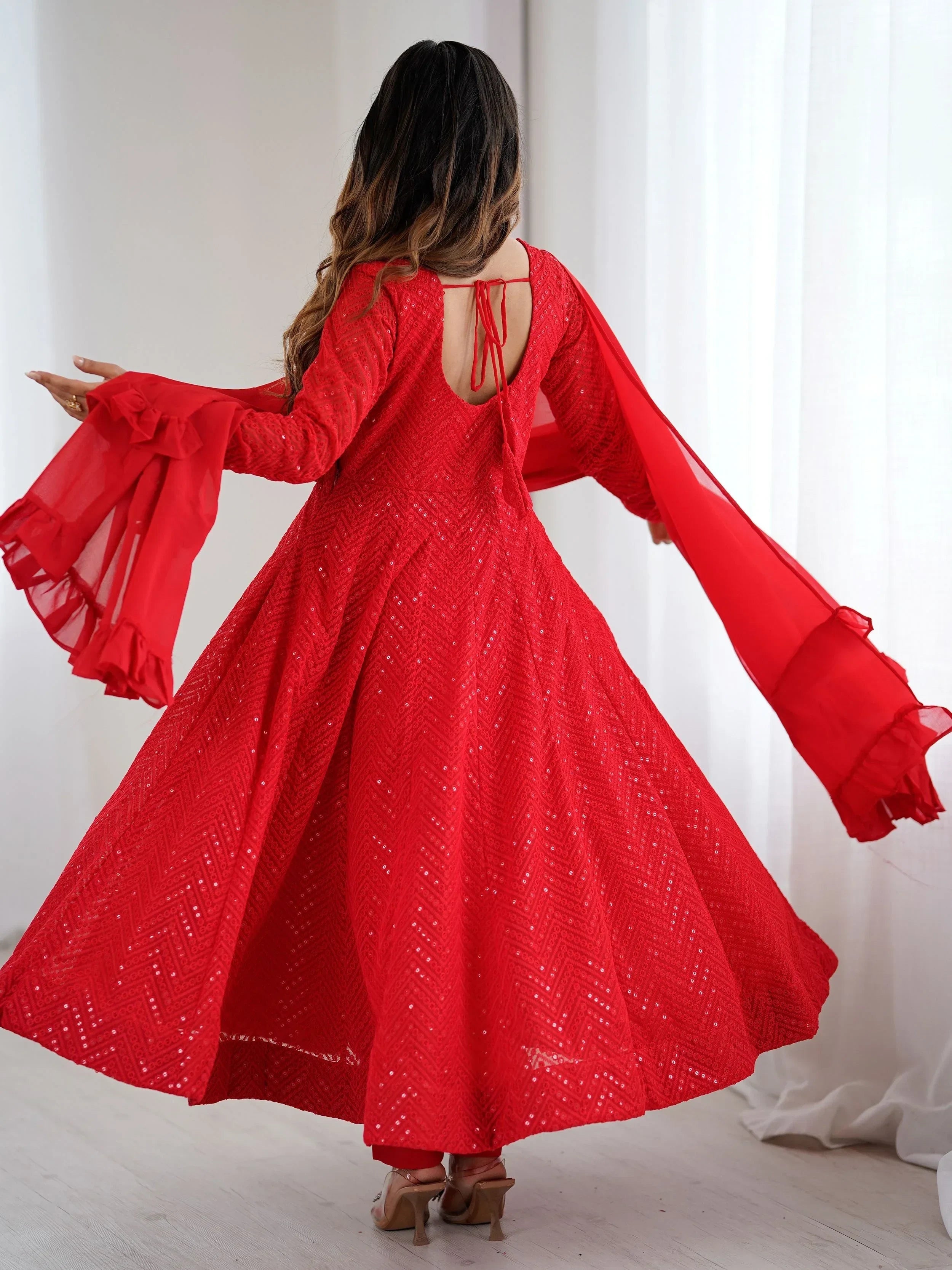 Red Incredible Lucknawi Work Georgette Anarkali Suit With Ruffle Dupatta