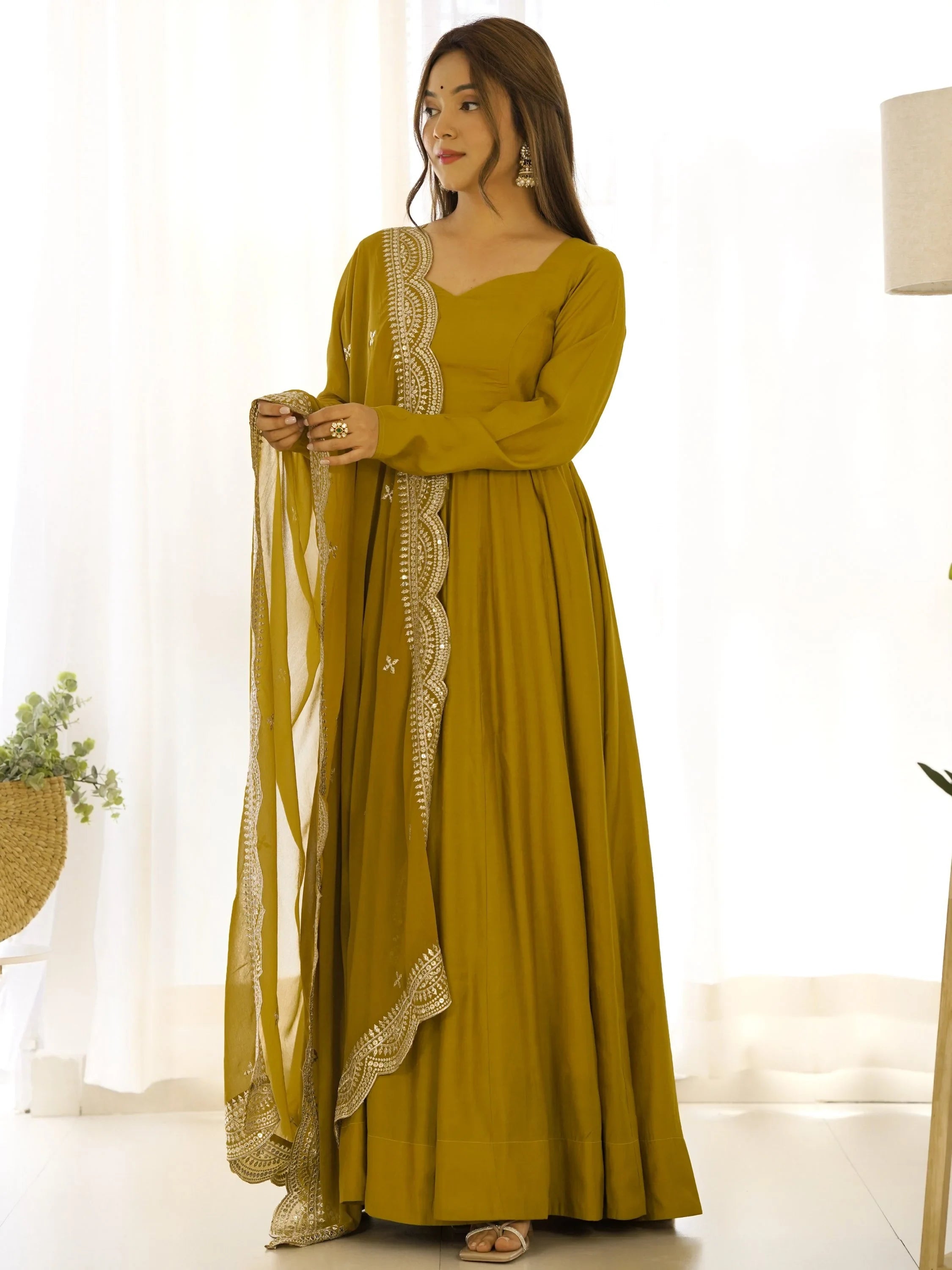 Mustard Ravishing Silk Anarkali Pant Suit With Sequins Dupatta