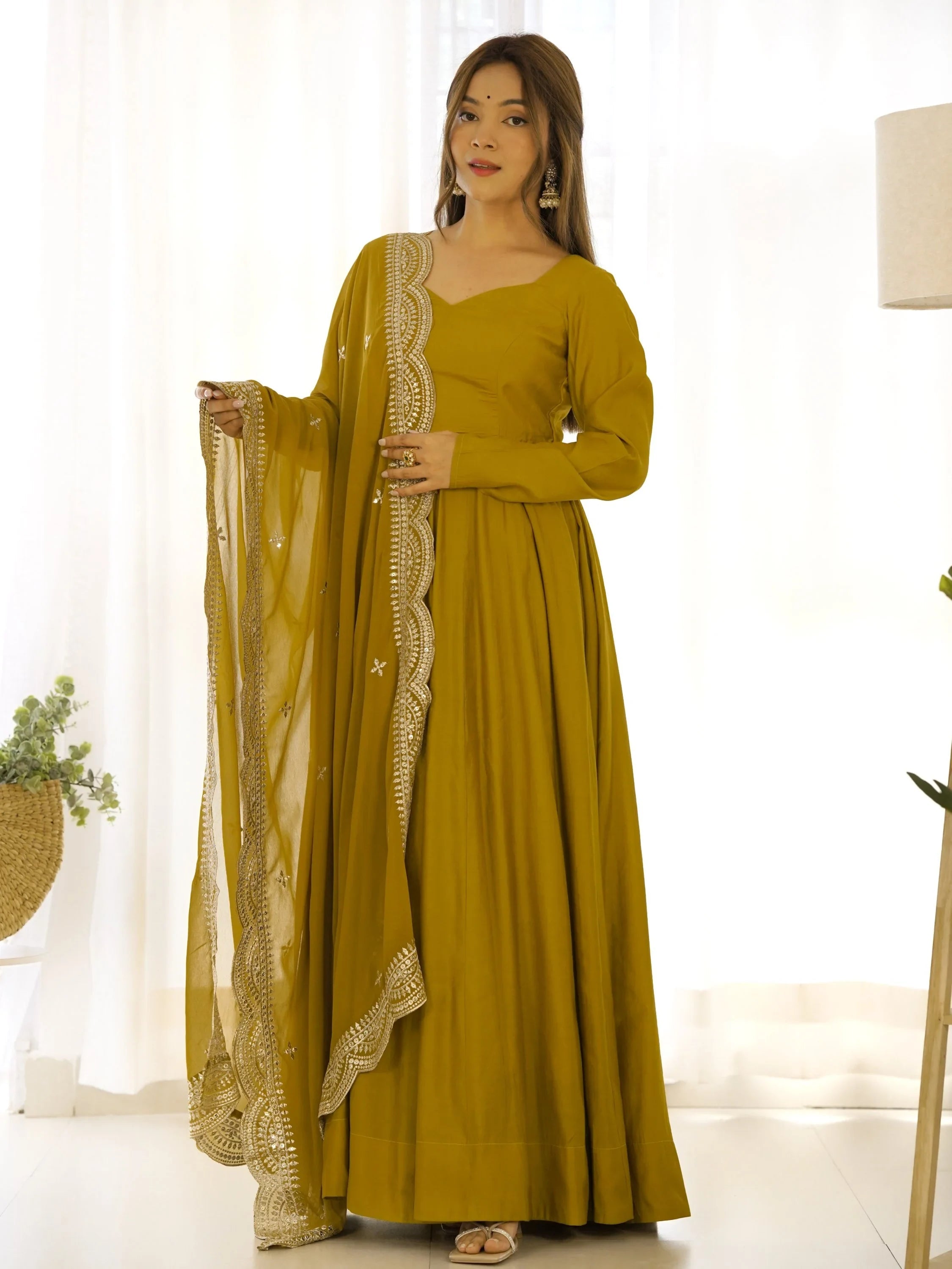 Mustard Ravishing Silk Anarkali Pant Suit With Sequins Dupatta