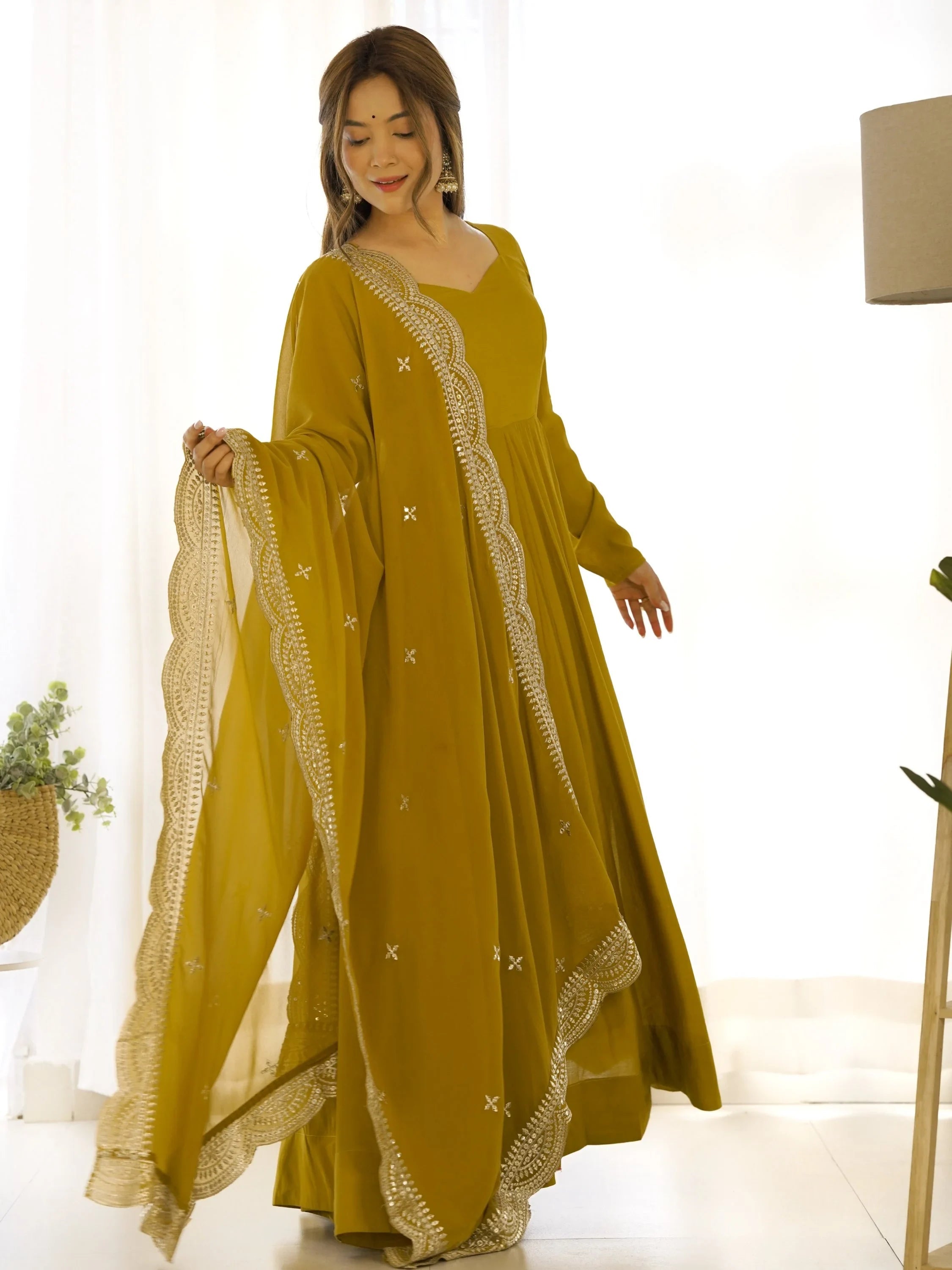 Mustard Ravishing Silk Anarkali Pant Suit With Sequins Dupatta