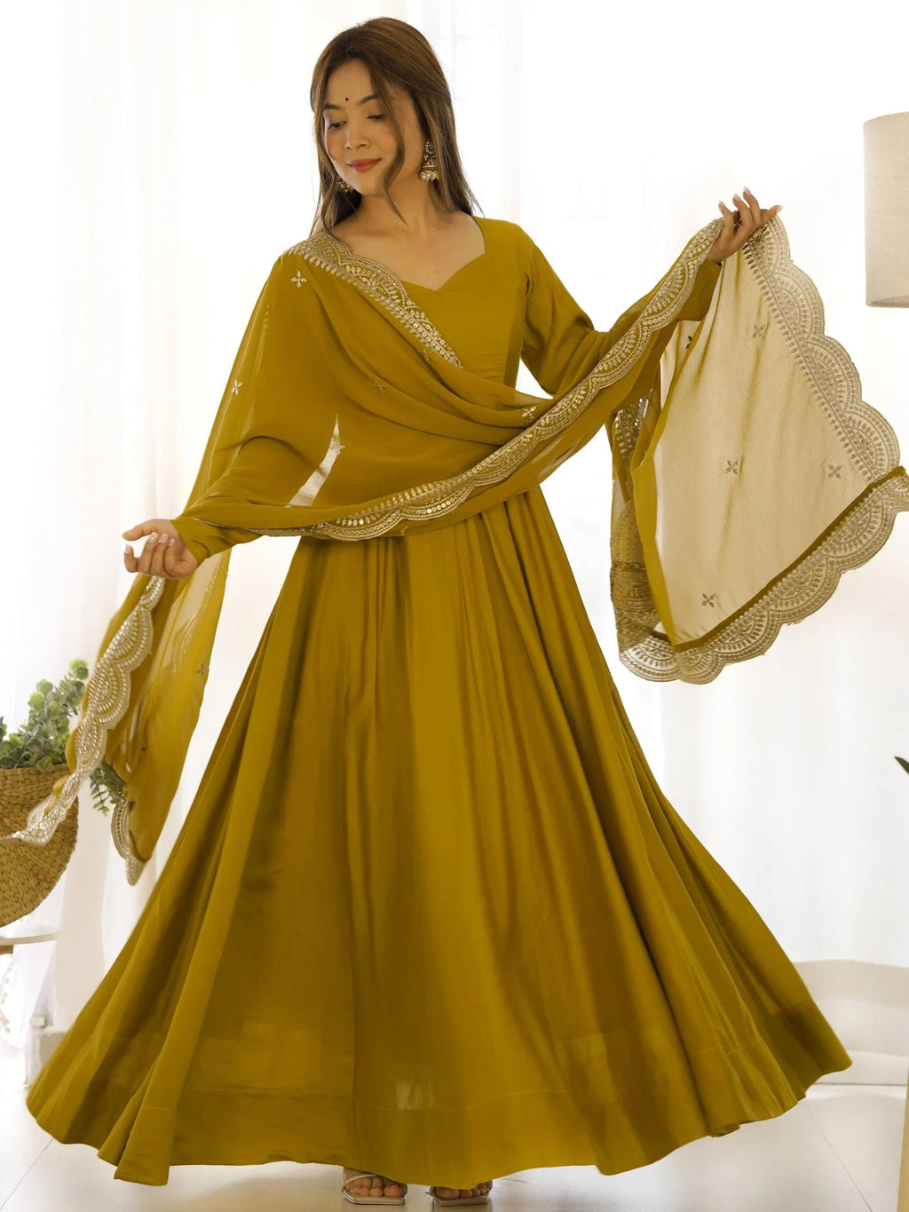 Mustard Ravishing Silk Anarkali Pant Suit With Sequins Dupatta
