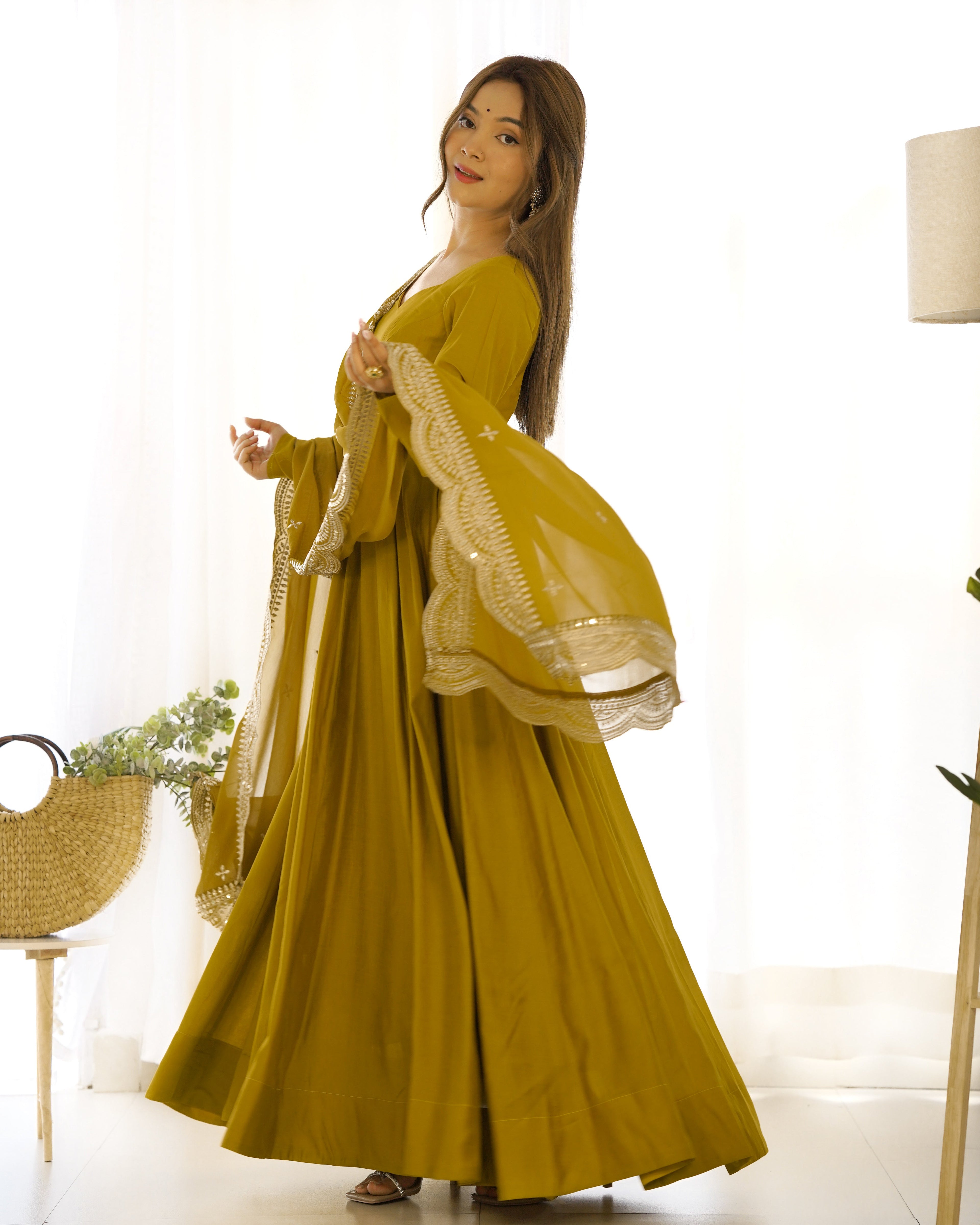 Mustard Chanderi Silk Anarkali Suit Set with Huge Flair for Festive Occasions