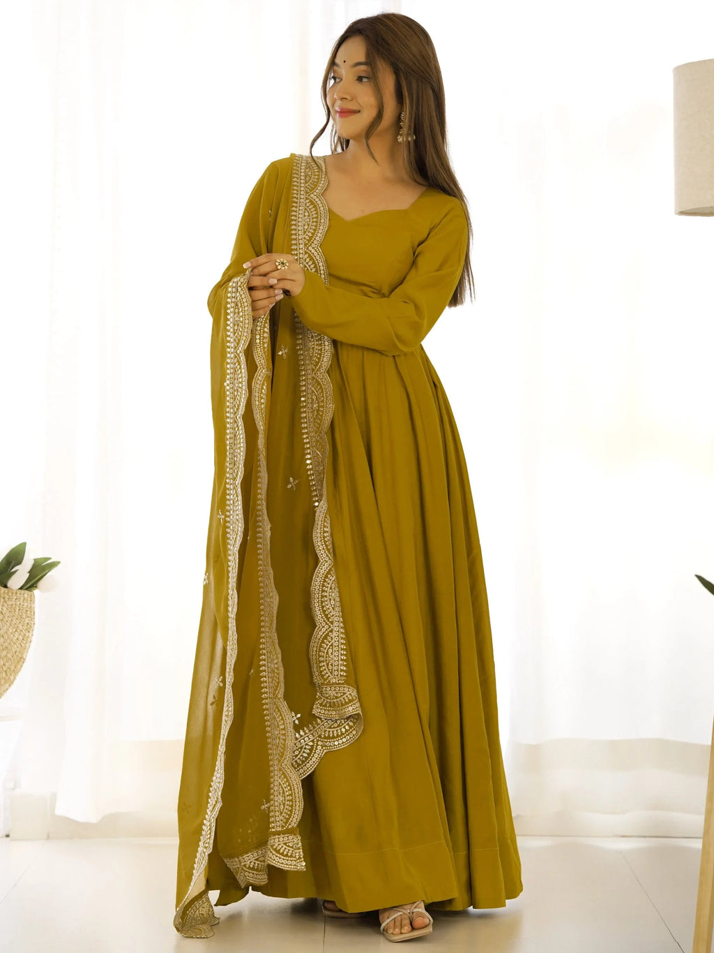Mustard Ravishing Silk Anarkali Pant Suit With Sequins Dupatta
