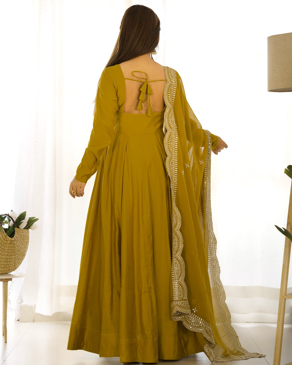 Mustard Chanderi Silk Anarkali Suit Set with Huge Flair for Festive Occasions