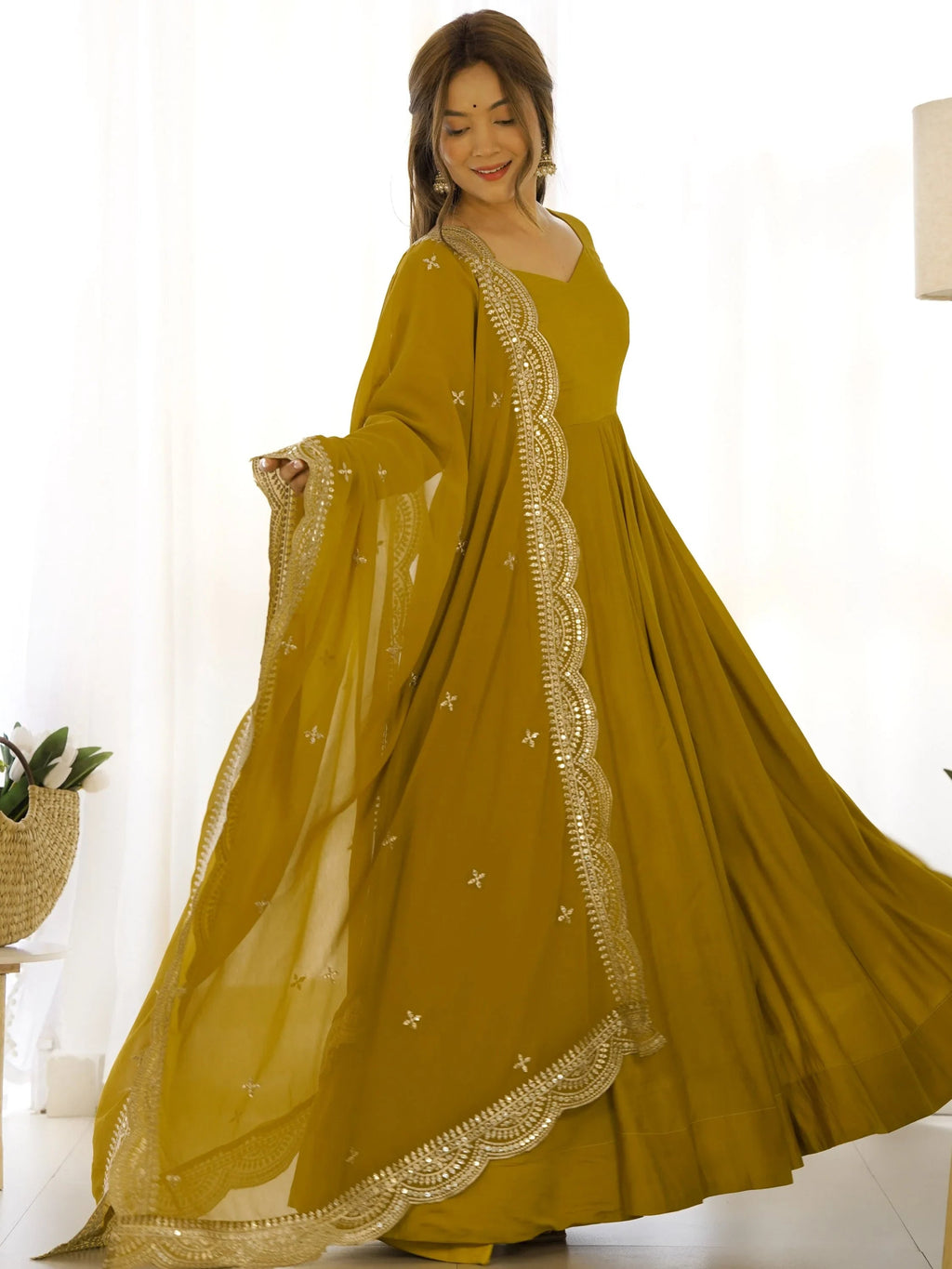 Mustard Ravishing Silk Anarkali Pant Suit With Sequins Dupatta