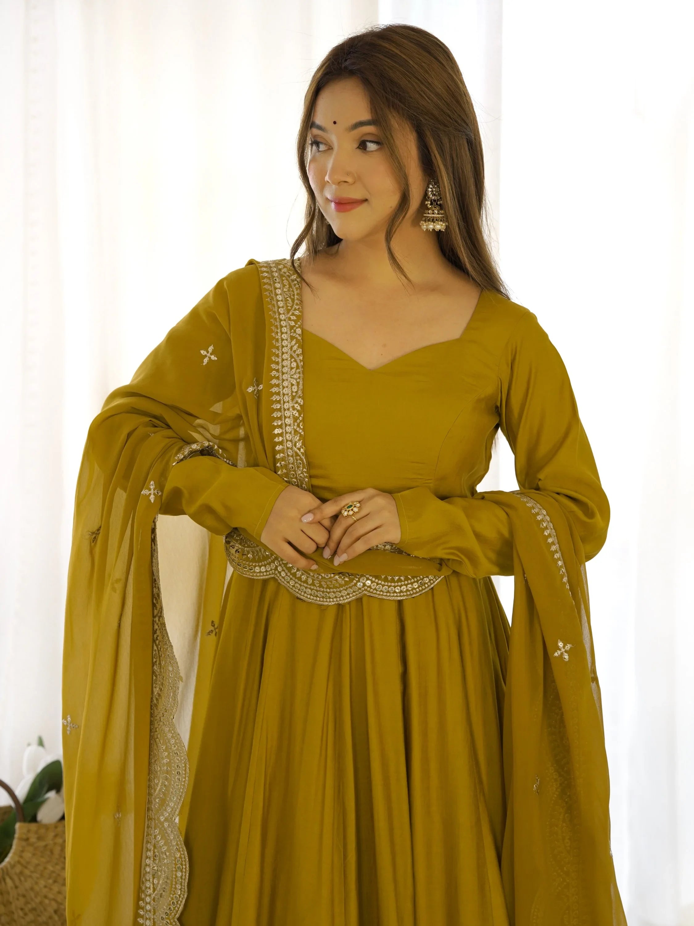 Mustard Ravishing Silk Anarkali Pant Suit With Sequins Dupatta