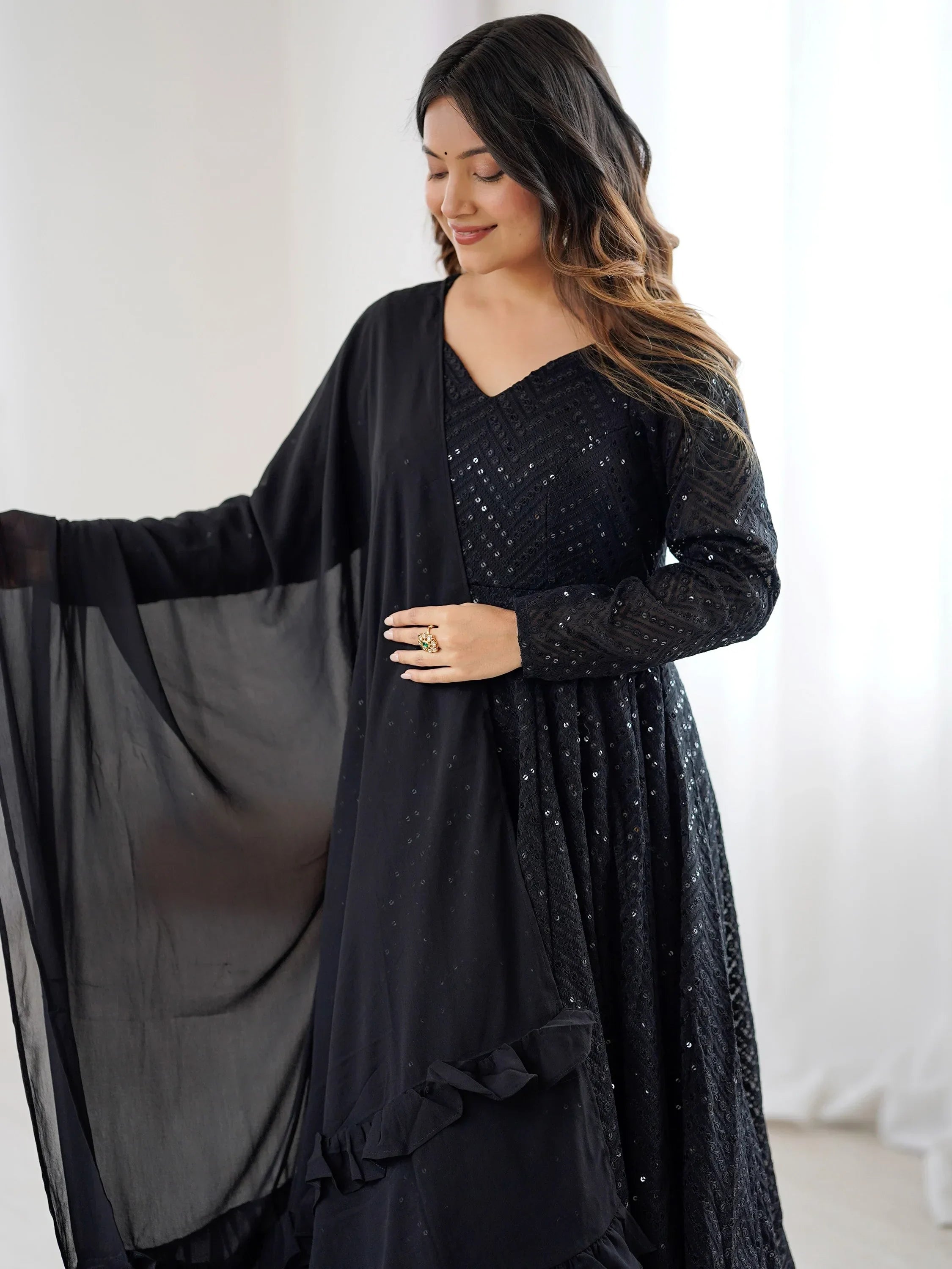 Black Incredible Lucknawi Work Georgette Anarkali Suit With Ruffle Dupatta