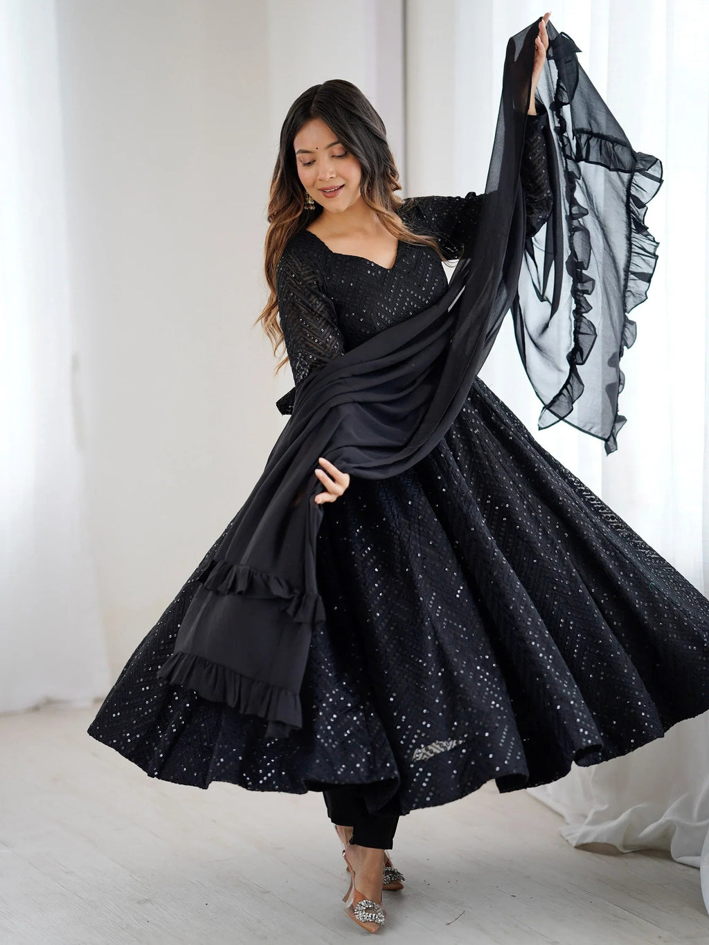 Black Incredible Lucknawi Work Georgette Anarkali Suit With Ruffle Dupatta