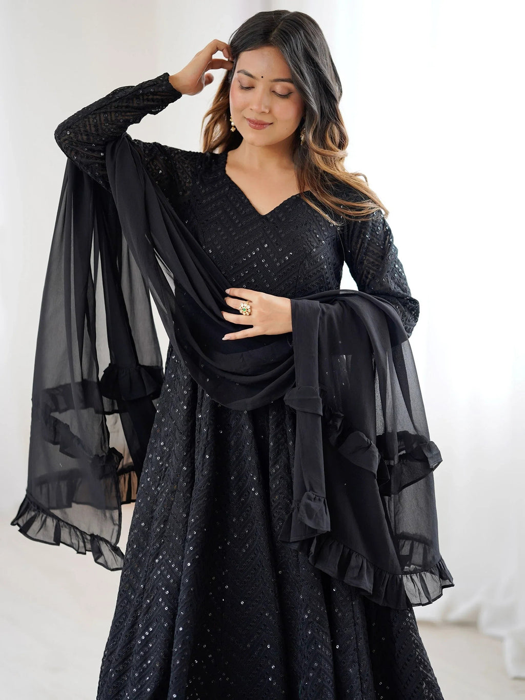 Black Incredible Lucknawi Work Georgette Anarkali Suit With Ruffle Dupatta