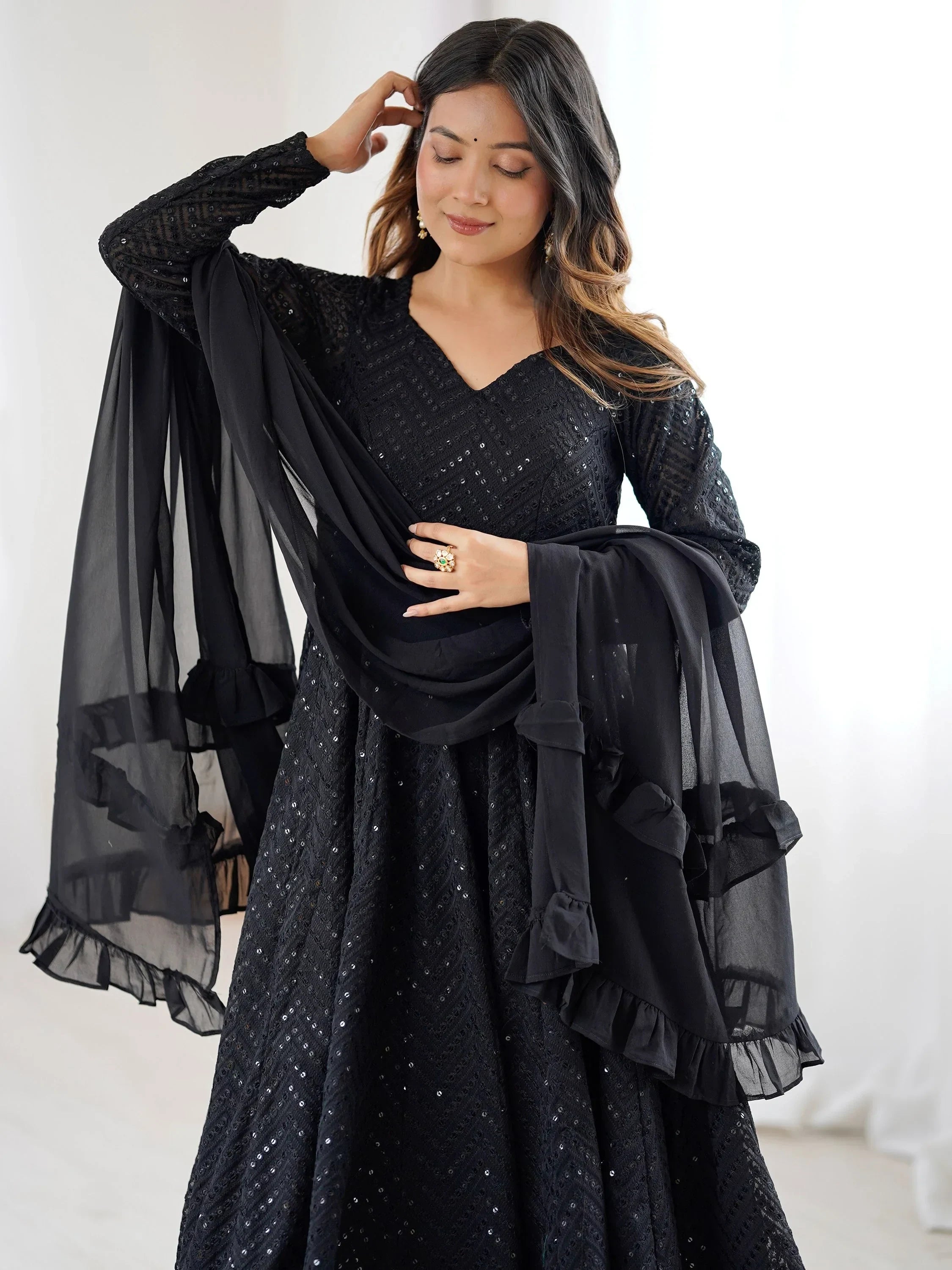 Black Incredible Lucknawi Work Georgette Anarkali Suit With Ruffle Dupatta
