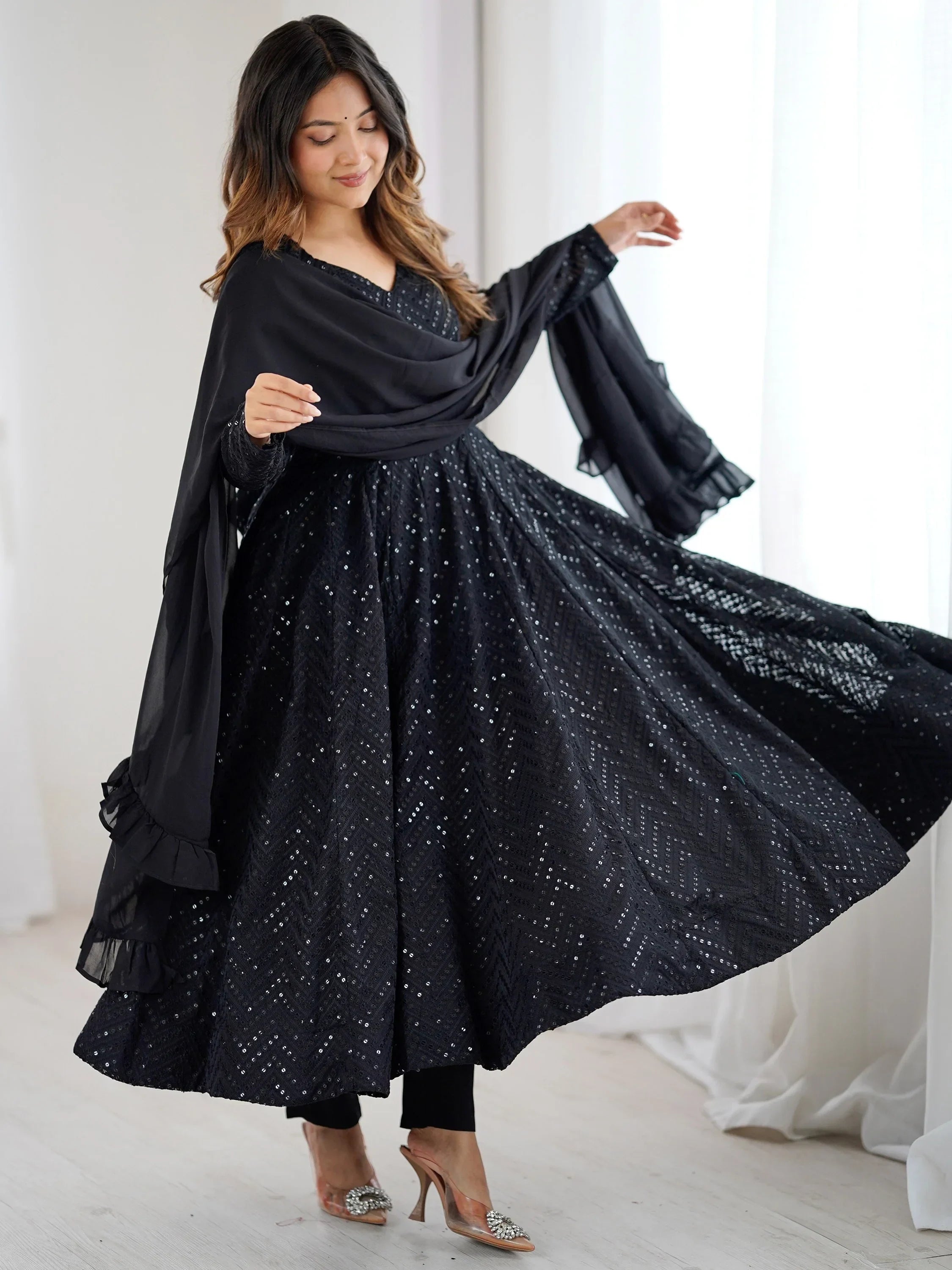 Black Incredible Lucknawi Work Georgette Anarkali Suit With Ruffle Dupatta