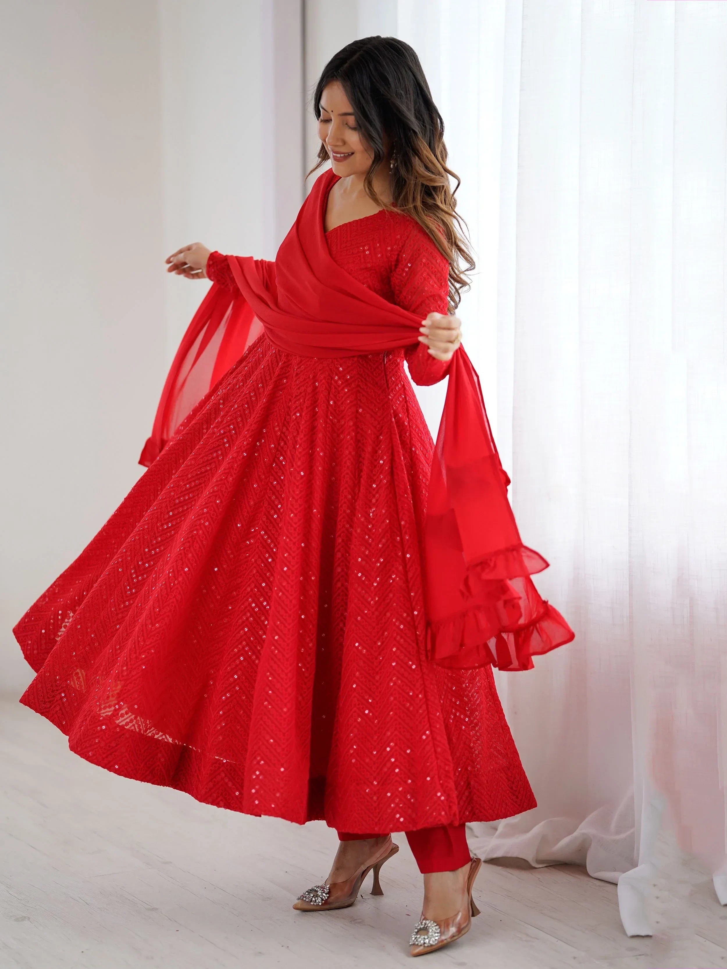 Red Incredible Lucknawi Work Georgette Anarkali Suit With Ruffle Dupatta