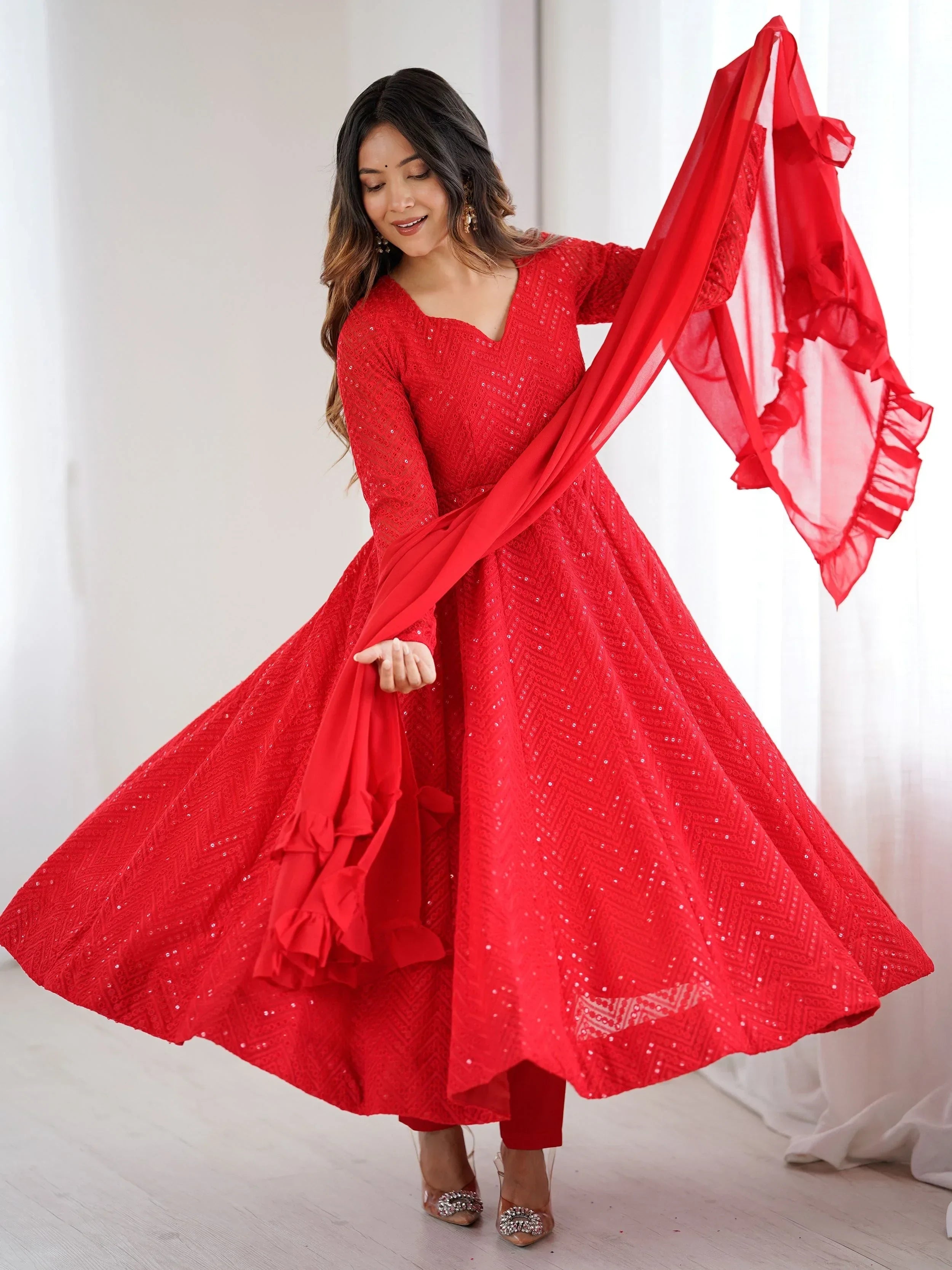 Red Incredible Lucknawi Work Georgette Anarkali Suit With Ruffle Dupatta