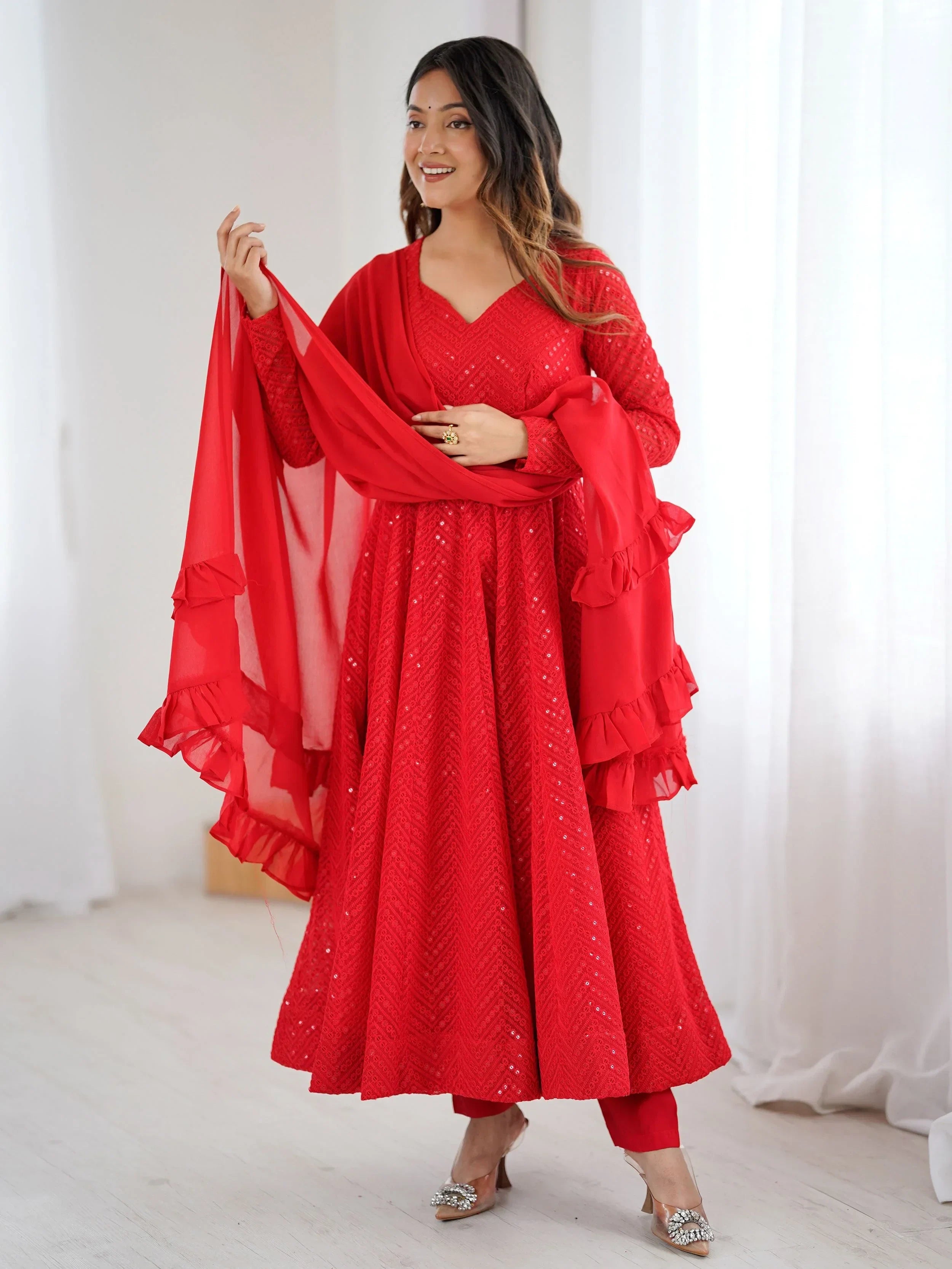 Red Incredible Lucknawi Work Georgette Anarkali Suit With Ruffle Dupatta